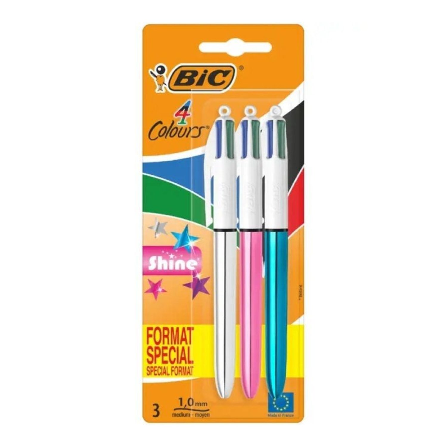 Bic 4 Colors Shine · Bolígrafos Retráctiles · 4 Colores · Pack 3 unidades · Cuerpo Brillante