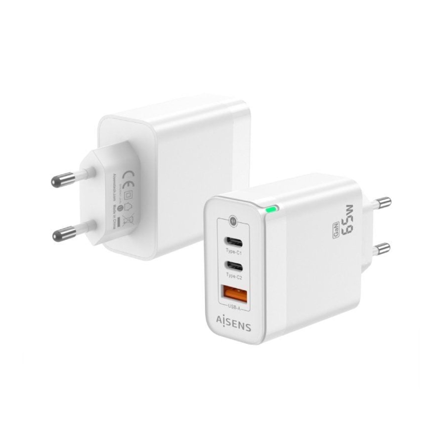 Aisens Cargador GaN 65W · 2x USB-C · 1x USB · Carga Rápida