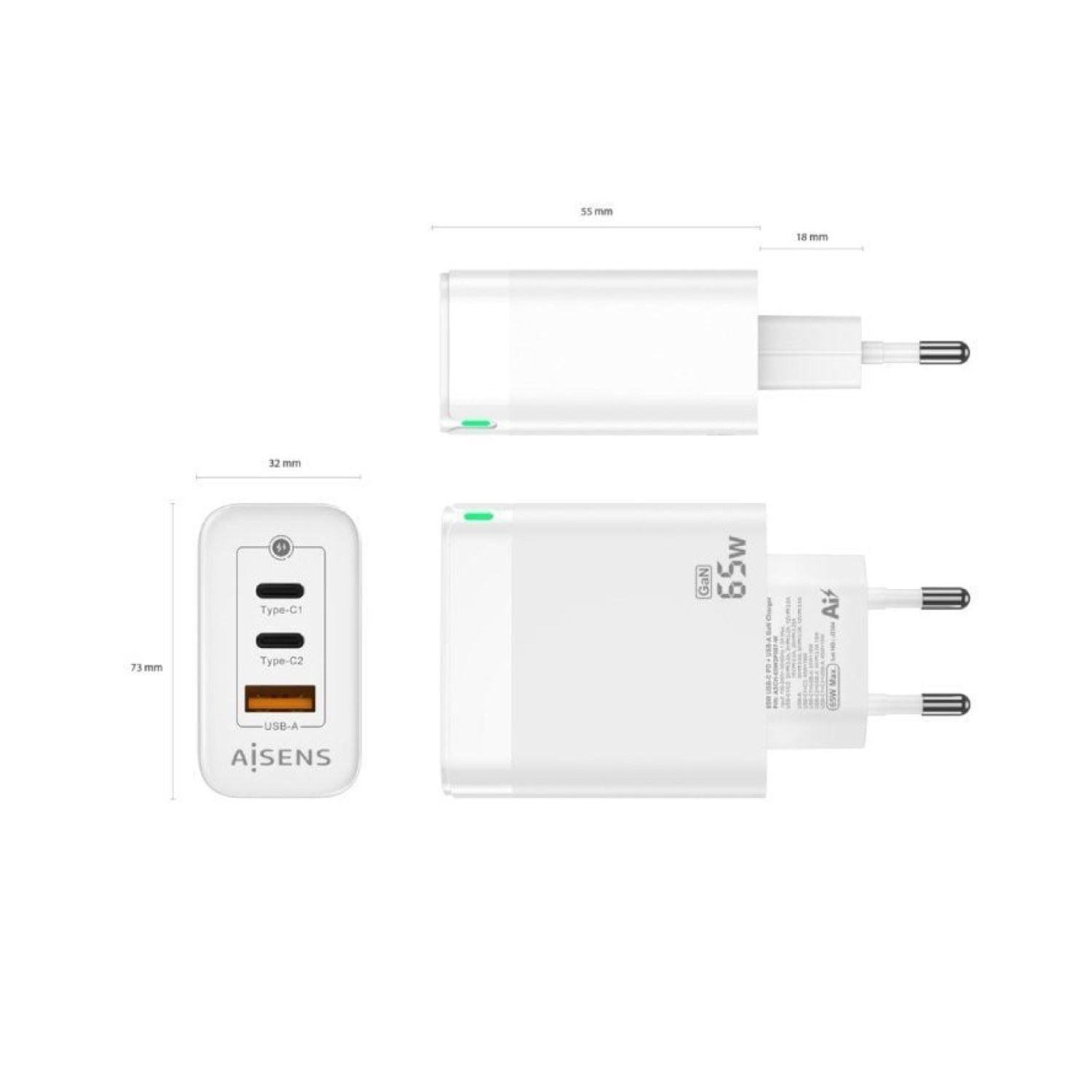 Aisens Cargador GaN 65W · 2x USB-C · 1x USB · Carga Rápida