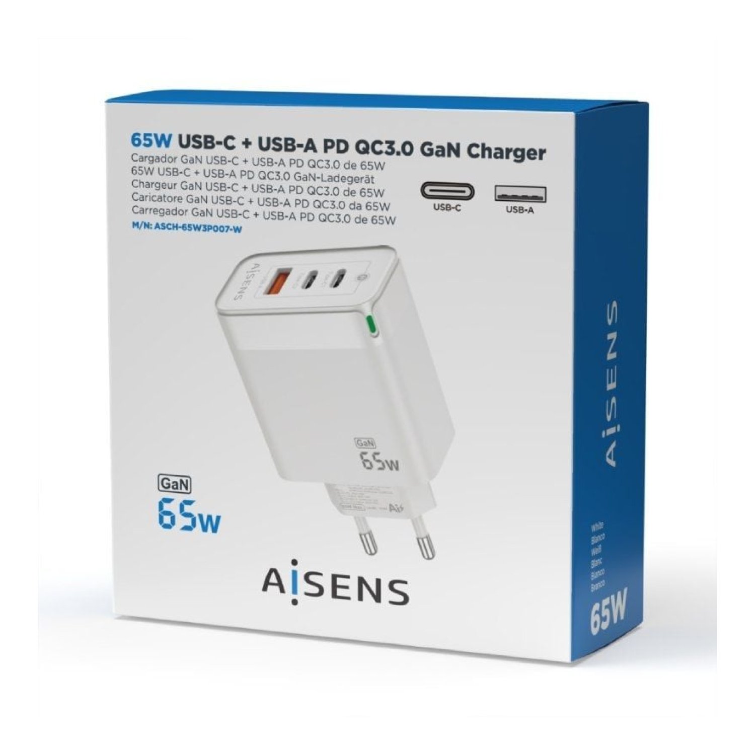 Aisens Cargador GaN 65W · 2x USB-C · 1x USB · Carga Rápida