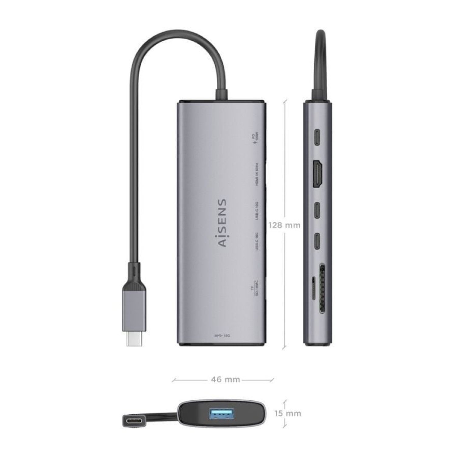 Aisens Docking USB Tipo-C · HDMI 4K · 3 Puertos USB · Lector Tarjetas · PD