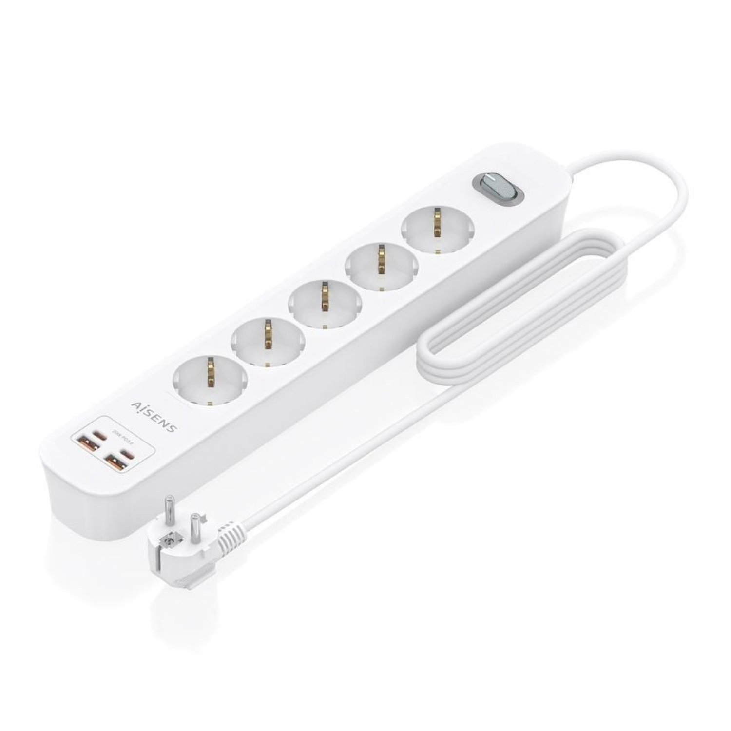Aisens · Regleta con Interruptor · 5 Tomas + 2 USB + 2 USB-C · Cable 1,4m · Blanco
