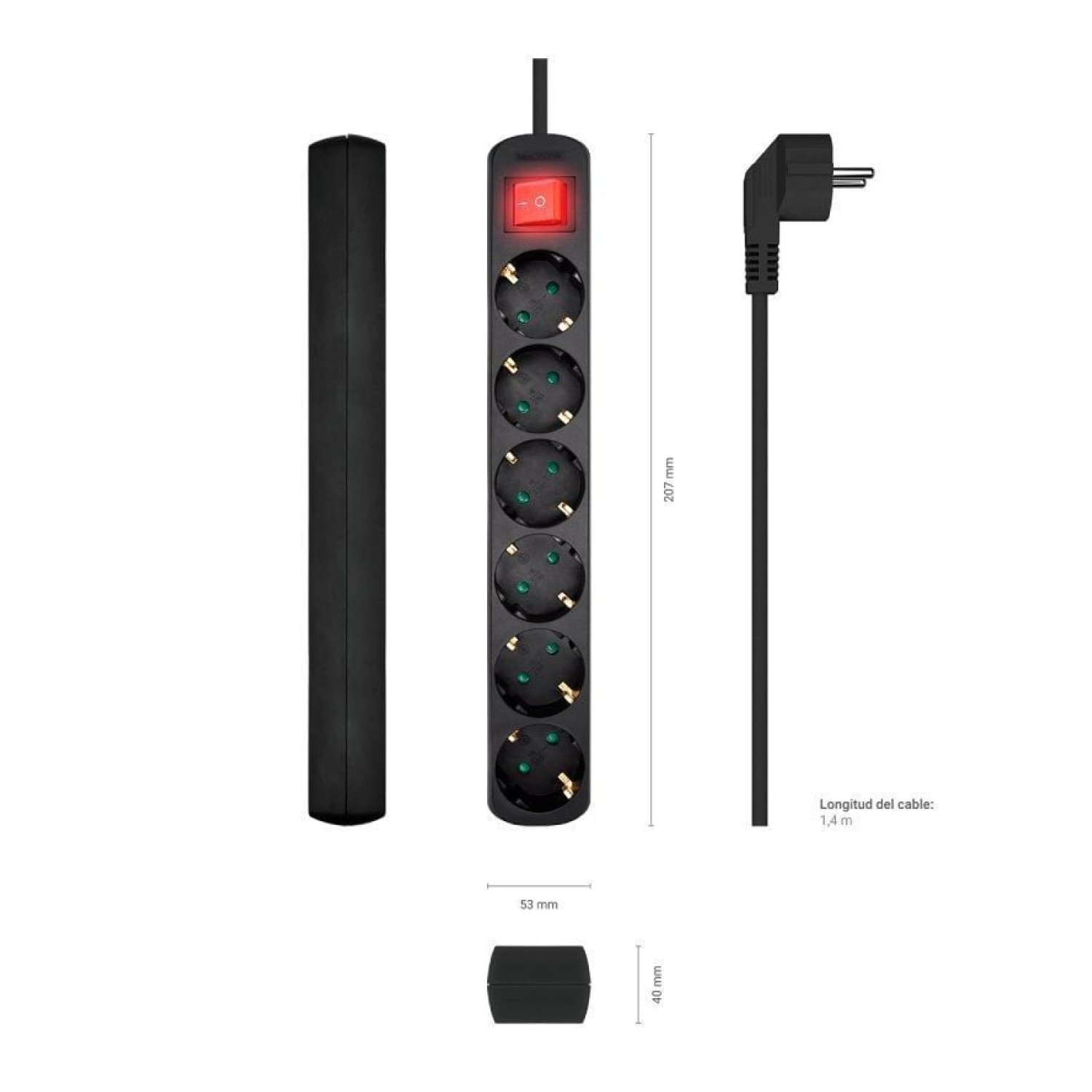 Aisens · Regleta 6 Tomas · Cable 1,4m · Interruptor · Negro