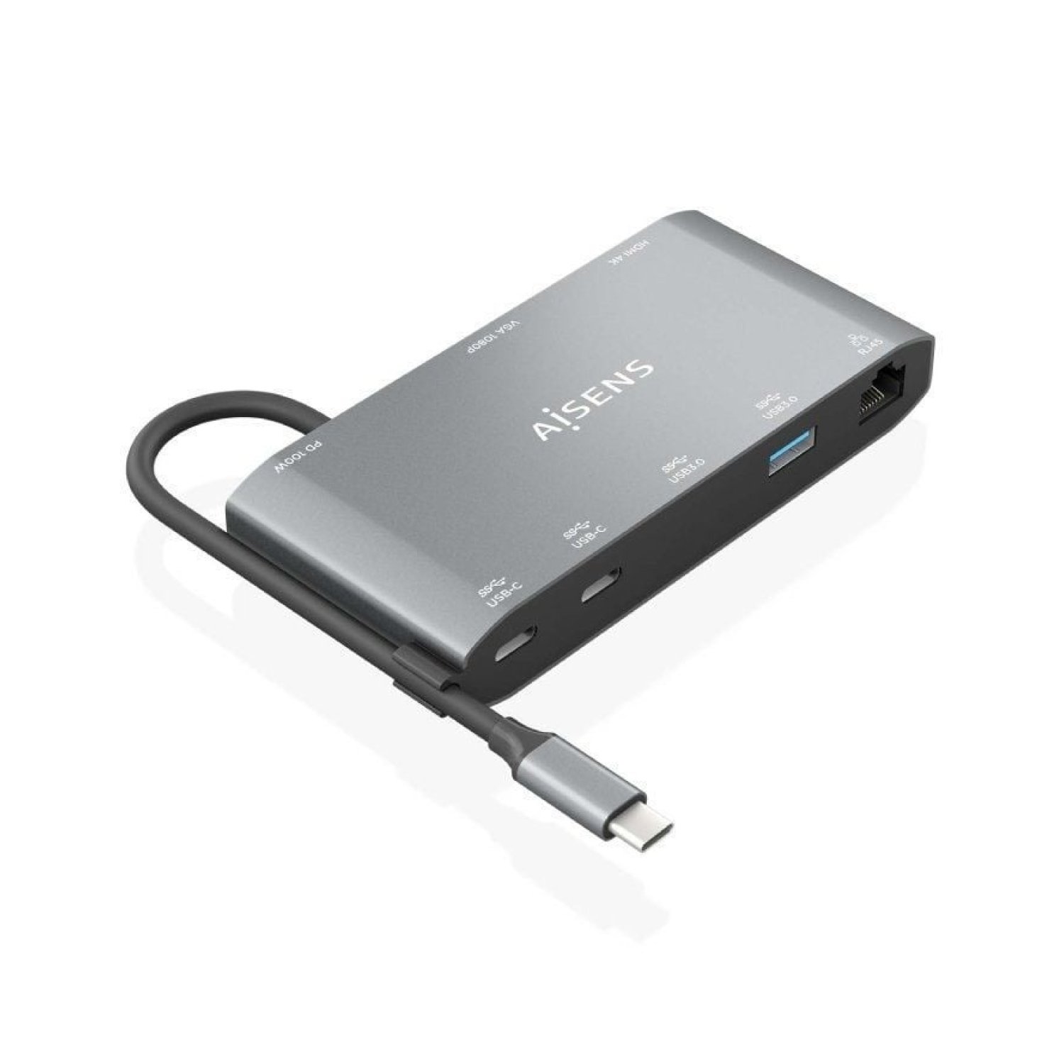 Aisens Docking USB Tipo-C · 8 Puertos · HDMI 4K · VGA · Ethernet · Gris