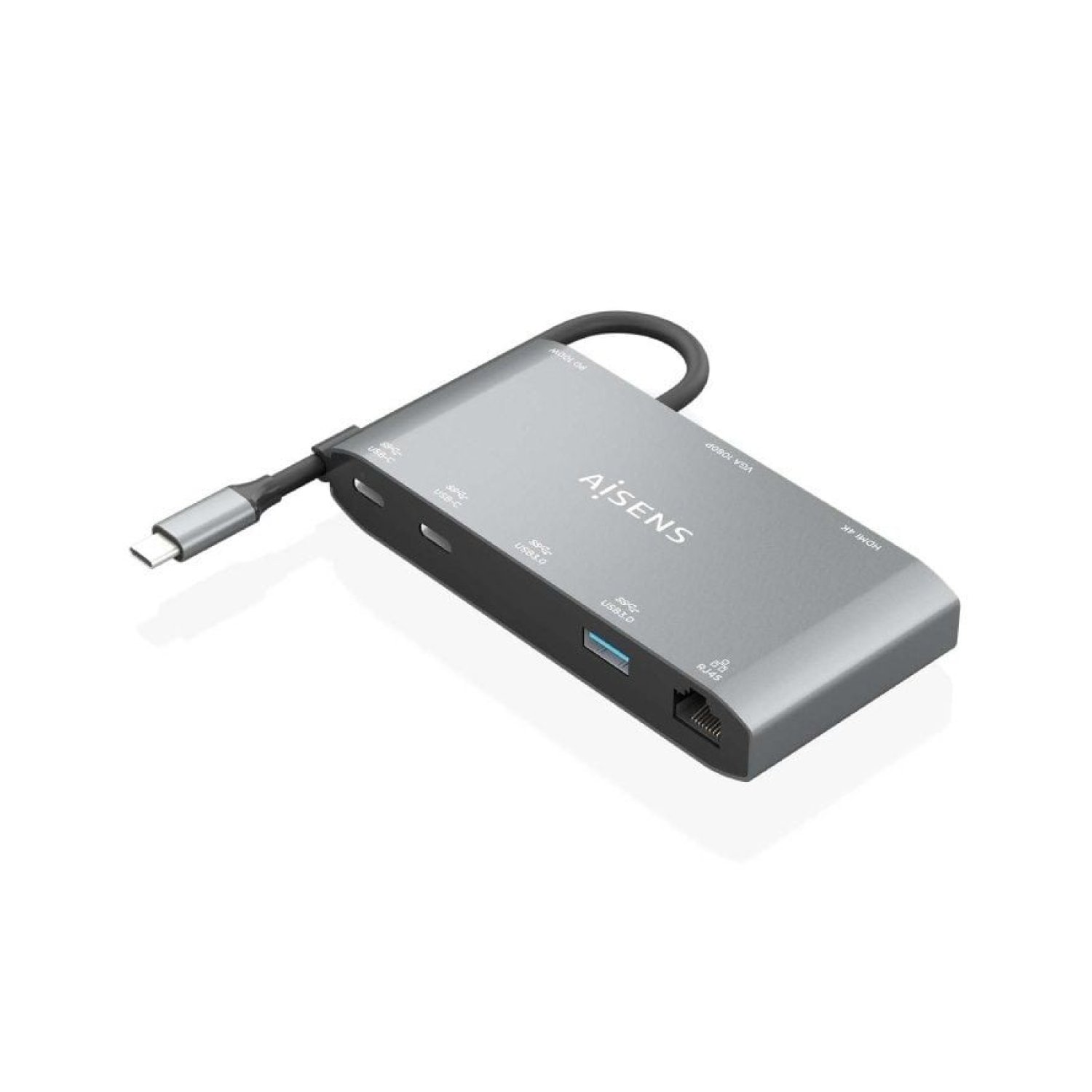 Aisens Docking USB Tipo-C · 8 Puertos · HDMI 4K · VGA · Ethernet · Gris