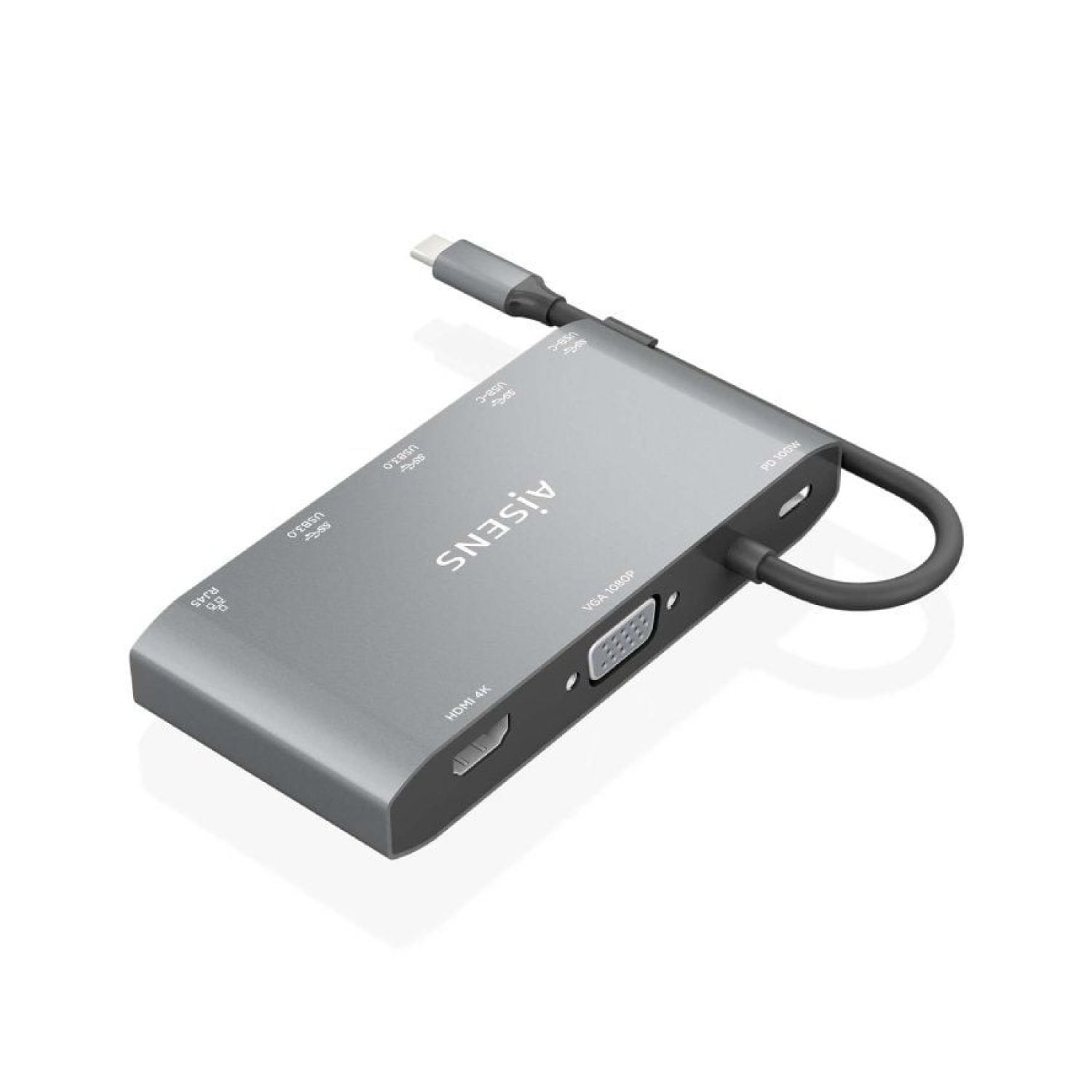 Aisens Docking USB Tipo-C · 8 Puertos · HDMI 4K · VGA · Ethernet · Gris