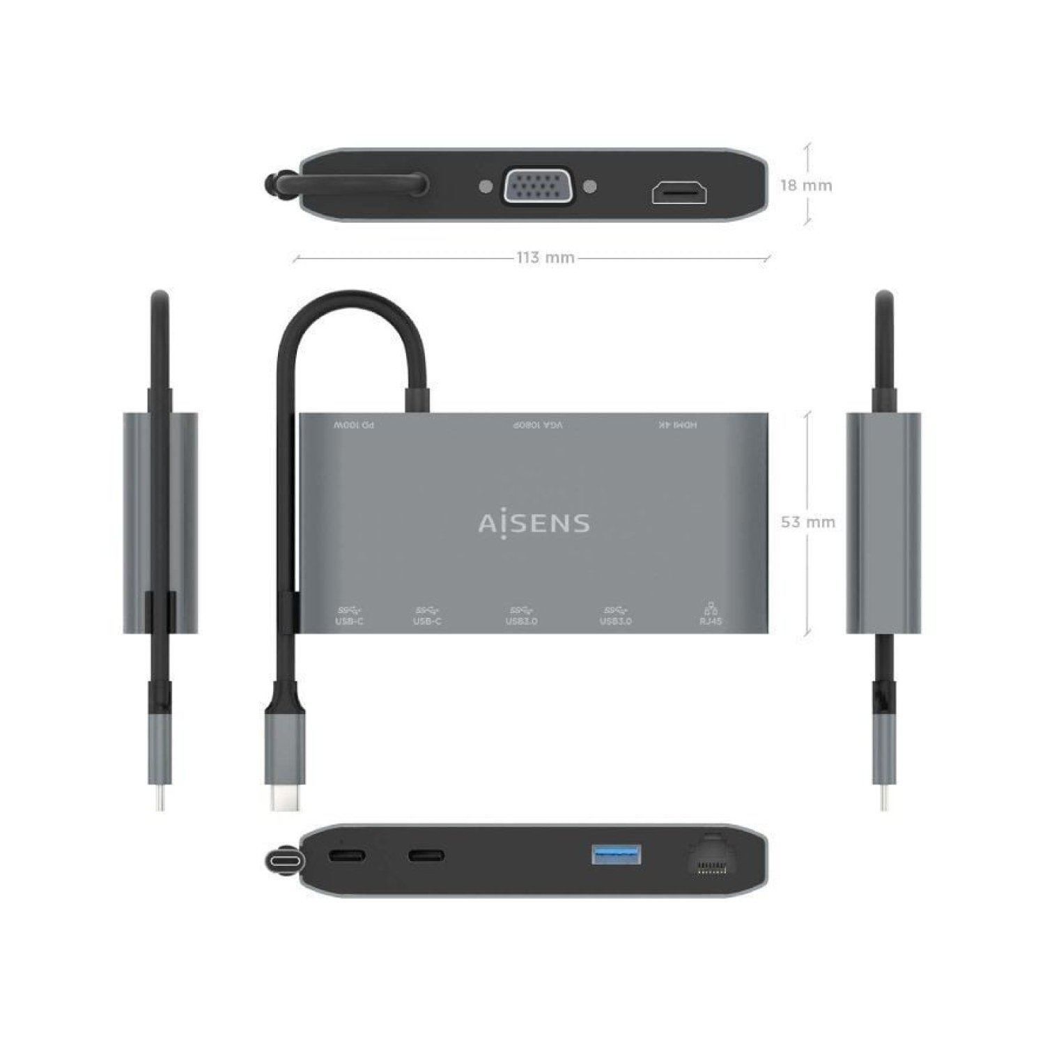 Aisens Docking USB Tipo-C · 8 Puertos · HDMI 4K · VGA · Ethernet · Gris