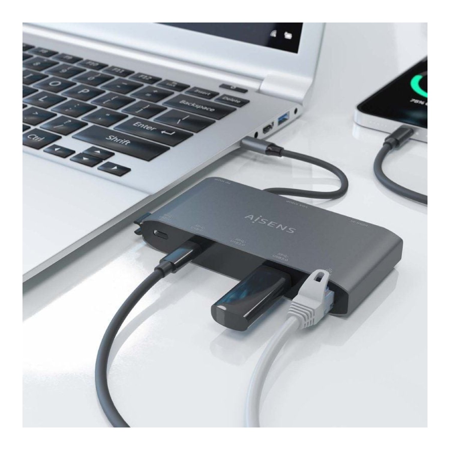 Aisens Docking USB Tipo-C · 8 Puertos · HDMI 4K · VGA · Ethernet · Gris