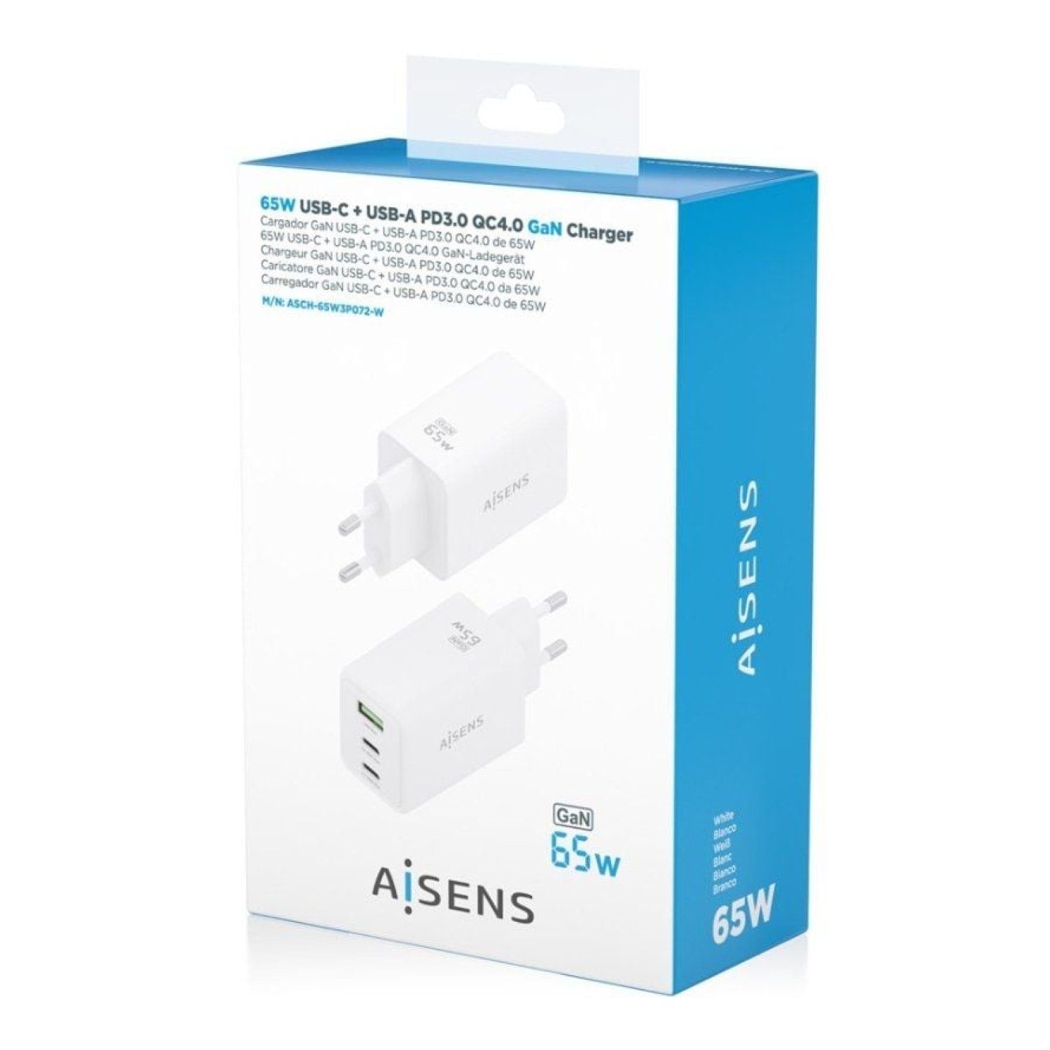 Aisens Cargador GaN · 65W · 2xUSB-C · 1xUSB · Blanco