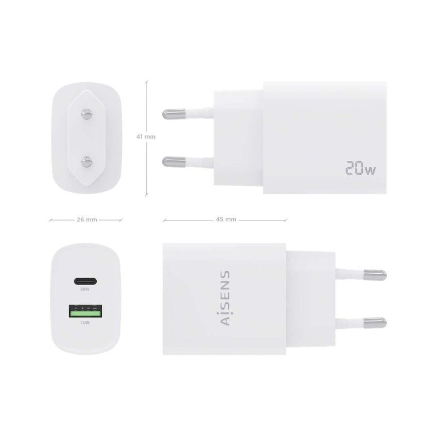 Aisens Cargador de Pared · 20W · 1x USB-C · 1x USB