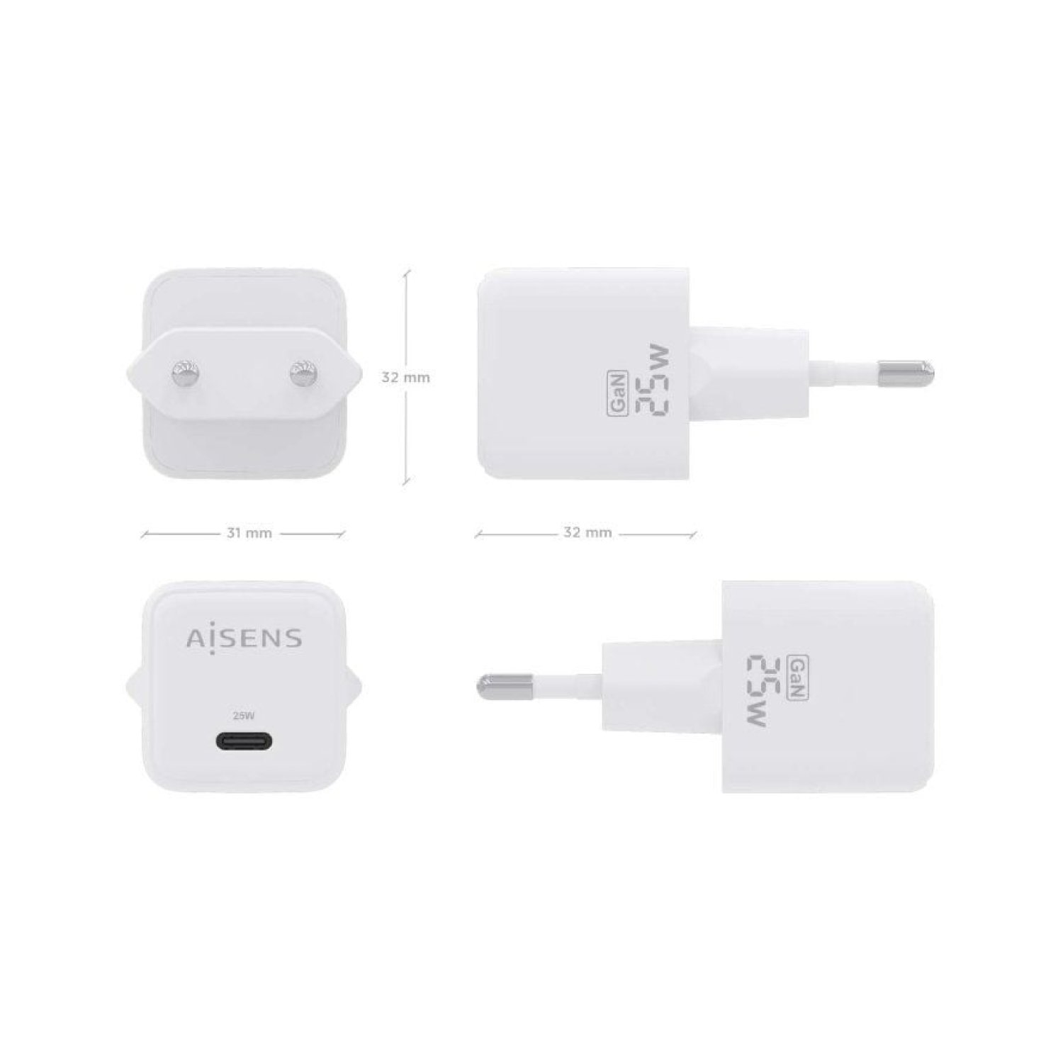 Aisens Cargador GaN · 25W · 1x USB-C · Carga Rápida