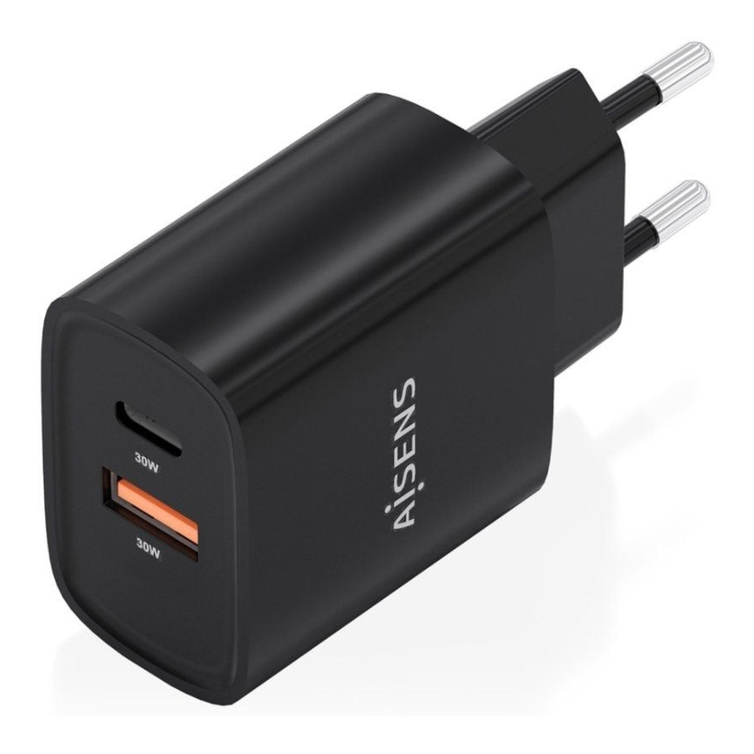Aisens Cargador GaN · 30W · 1 USB-C + 1 USB · Negro