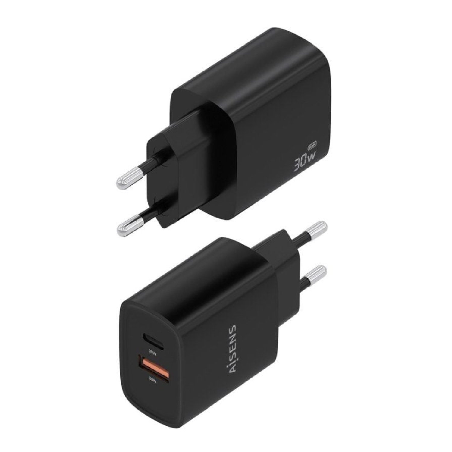 Aisens Cargador GaN · 30W · 1 USB-C + 1 USB · Negro