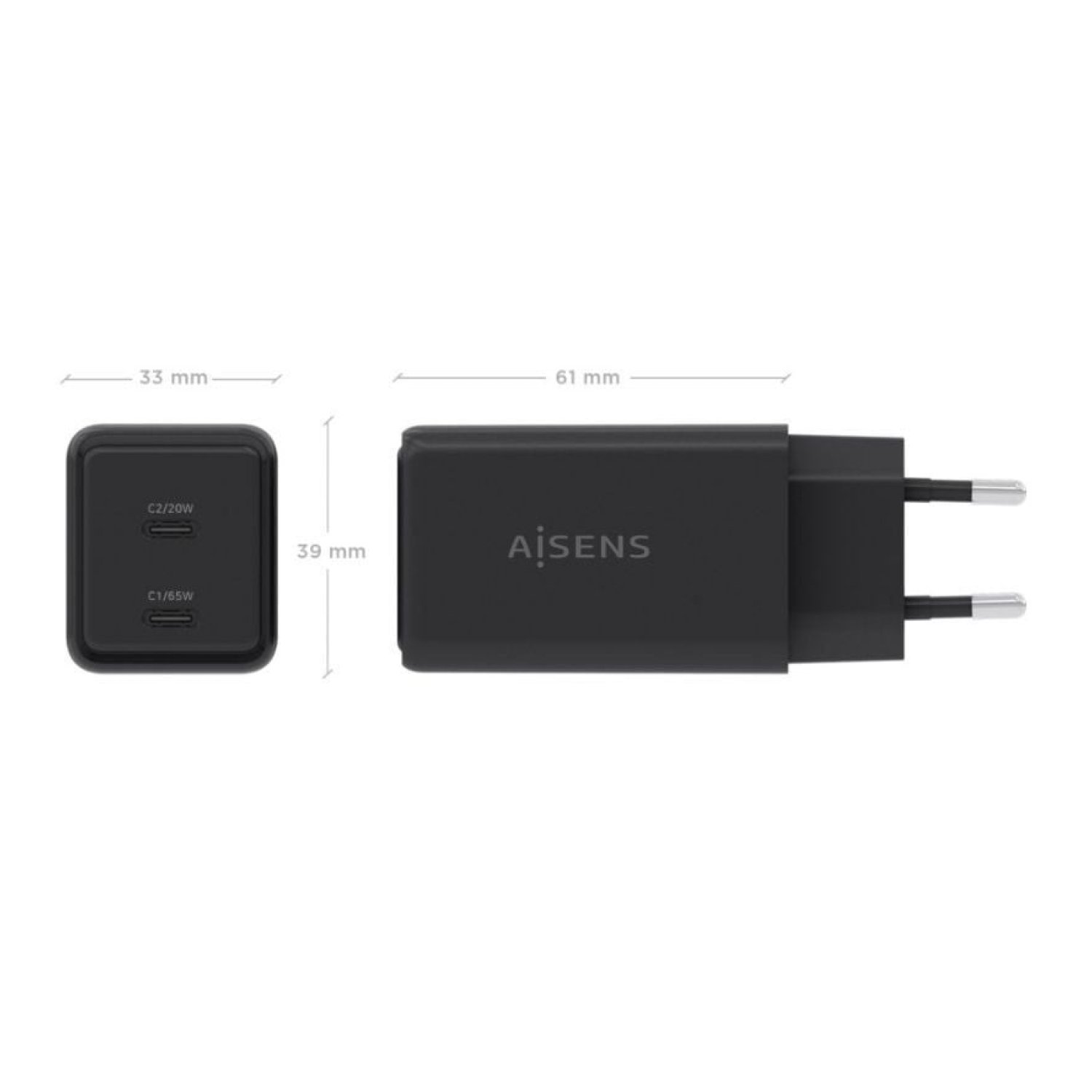Aisens Cargador GaN · 2x USB-C · 65W · Negro