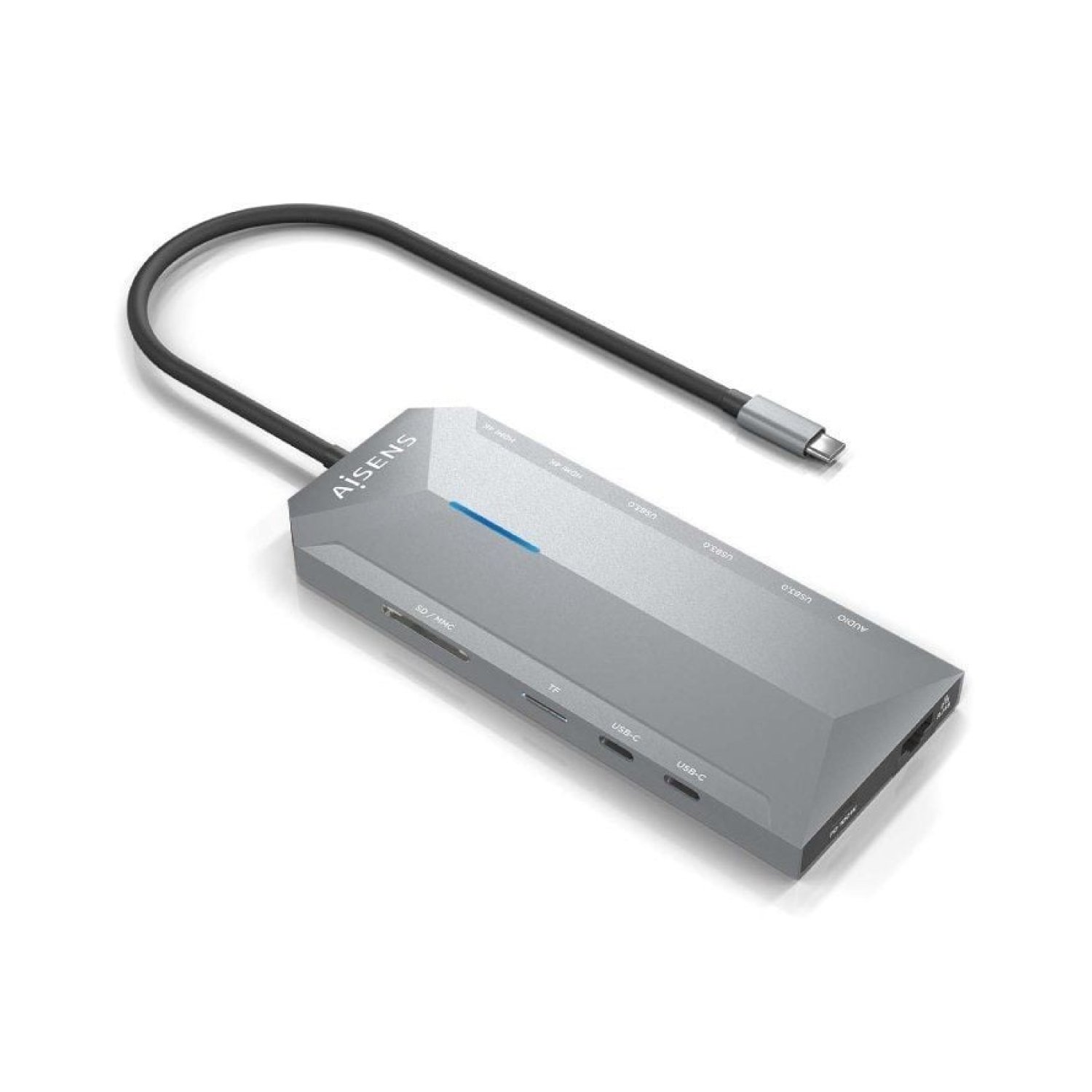 Aisens Docking USB-C · 2x HDMI 4K · 3x USB · 2x USB-C · RJ45 · Lector Tarjetas · Gris