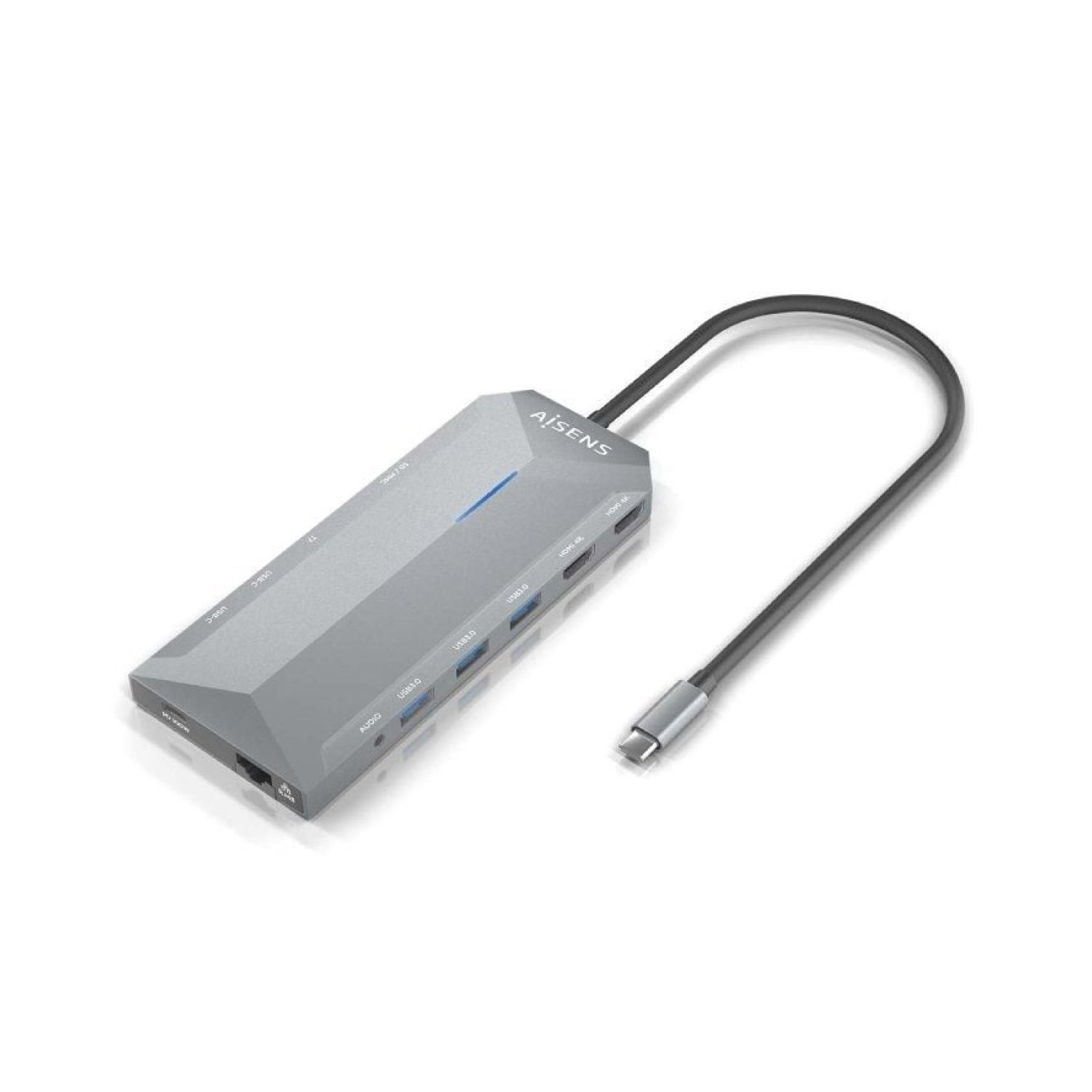 Aisens Docking USB-C · 2x HDMI 4K · 3x USB · 2x USB-C · RJ45 · Lector Tarjetas · Gris