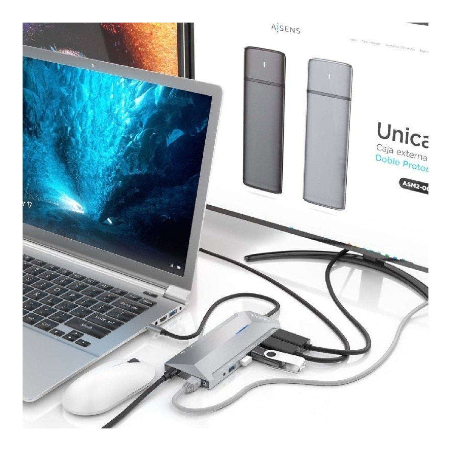 Aisens Docking USB-C · 2x HDMI 4K · 3x USB · 2x USB-C · RJ45 · Lector Tarjetas · Gris