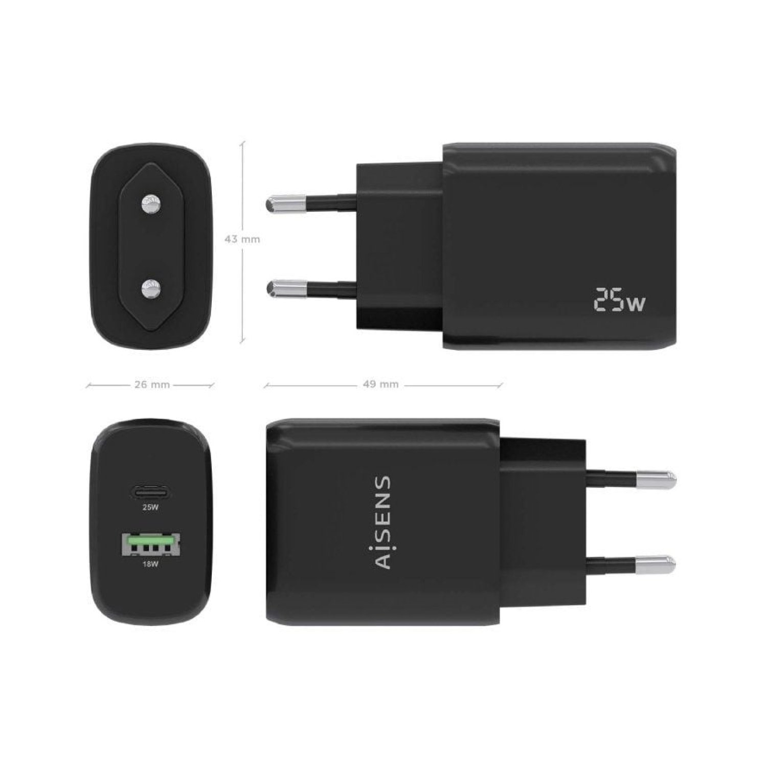 Aisens Cargador de Pared · 1 USB-C + 1 USB · 25W