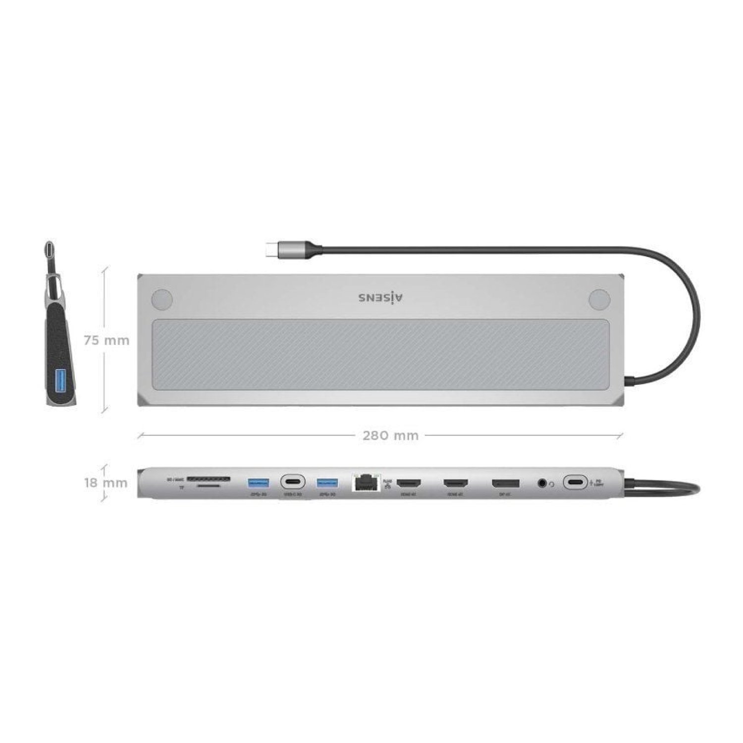 Aisens Docking USB Tipo-C · 2xHDMI 4K · 3xUSB · RJ45 · DisplayPort · Gris