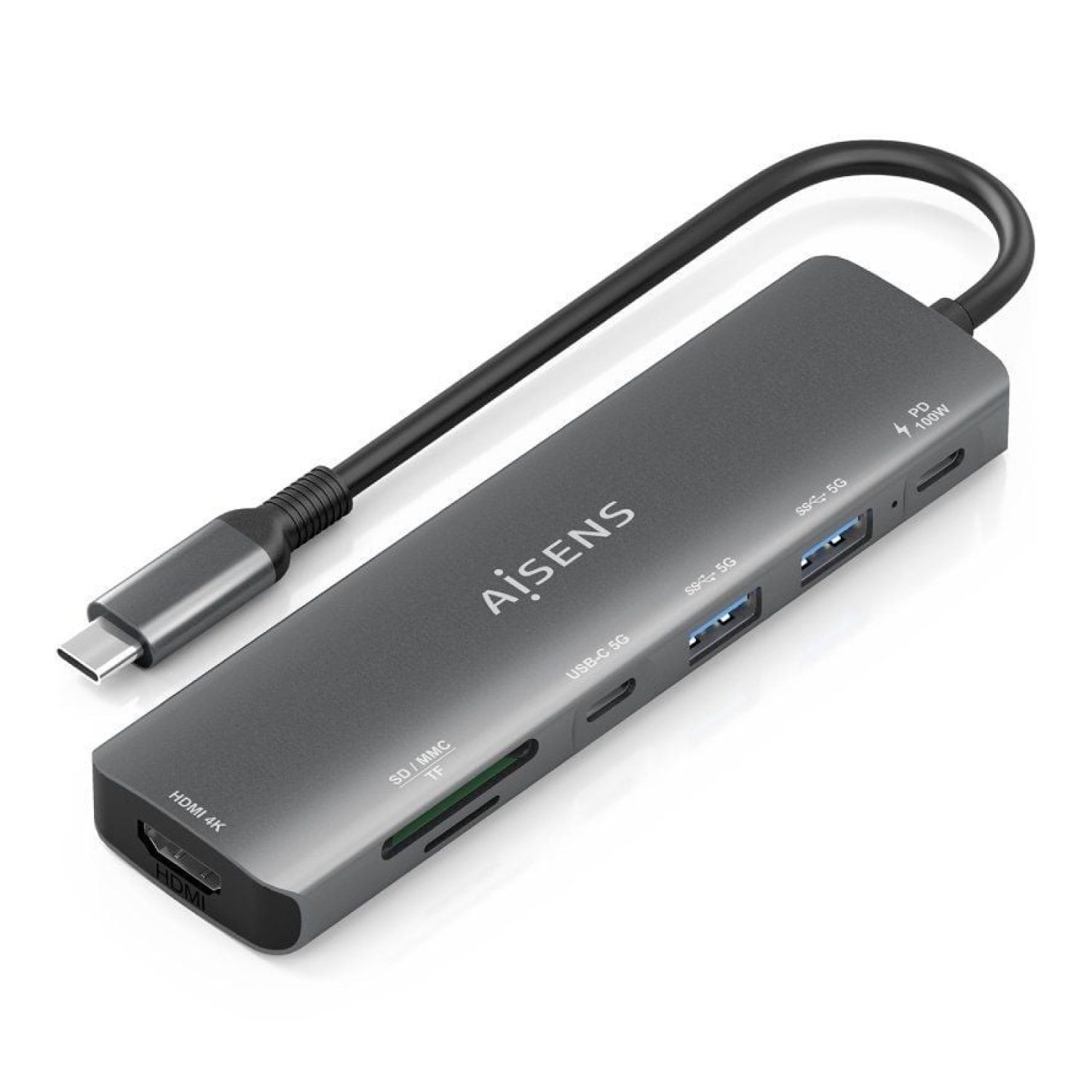 Aisens Docking USB Tipo-C · HDMI 4K · 2 USB · Lector Tarjetas · Gris