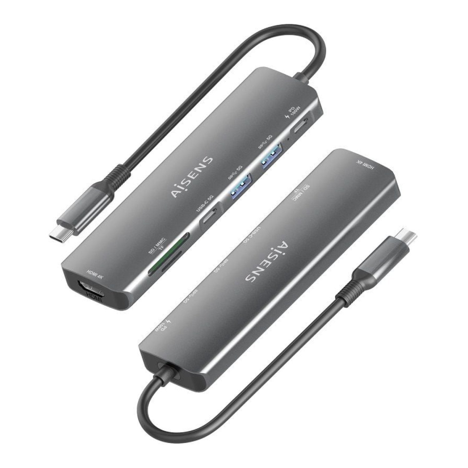 Aisens Docking USB Tipo-C · HDMI 4K · 2 USB · Lector Tarjetas · Gris