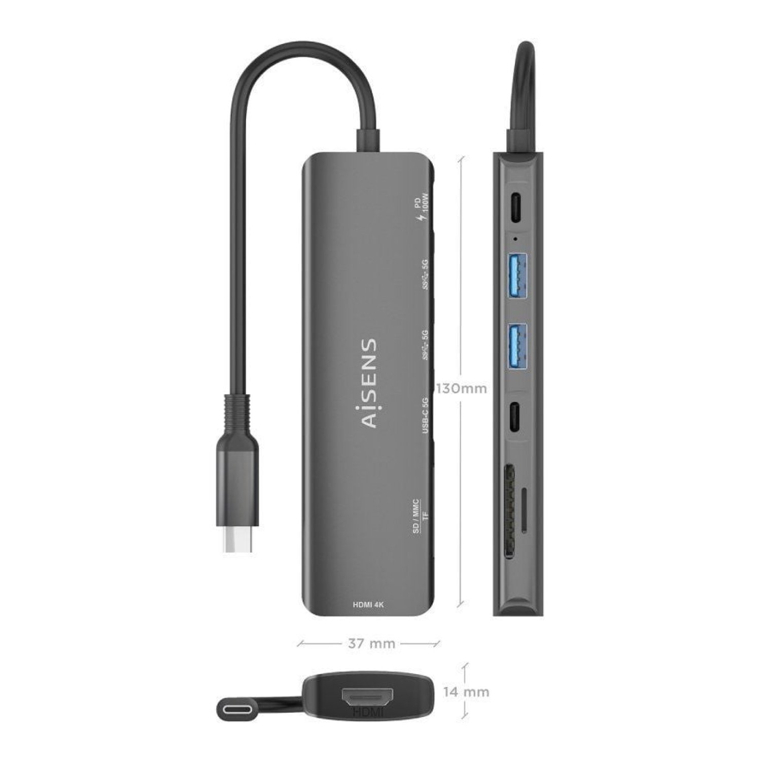 Aisens Docking USB Tipo-C · HDMI 4K · 2 USB · Lector Tarjetas · Gris