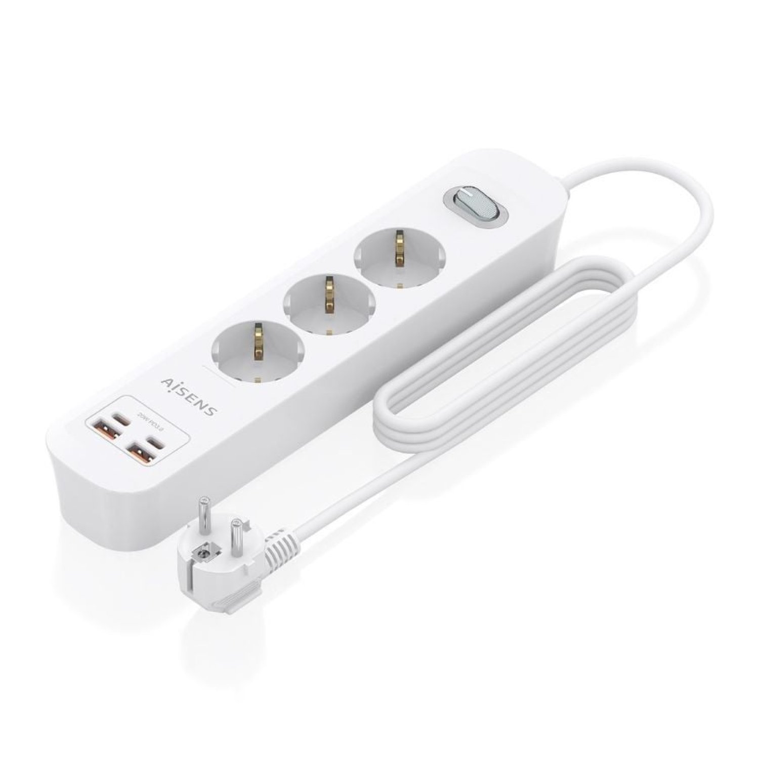 Aisens · Regleta con Interruptor · 3 Tomas + 2 USB + 2 USB-C · Cable 1,4m · Blanco