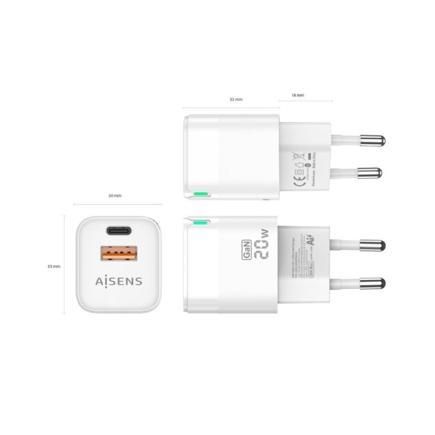 Aisens · Cargador GaN 20W · 1 USB-C + 1 USB · Carga Rápida