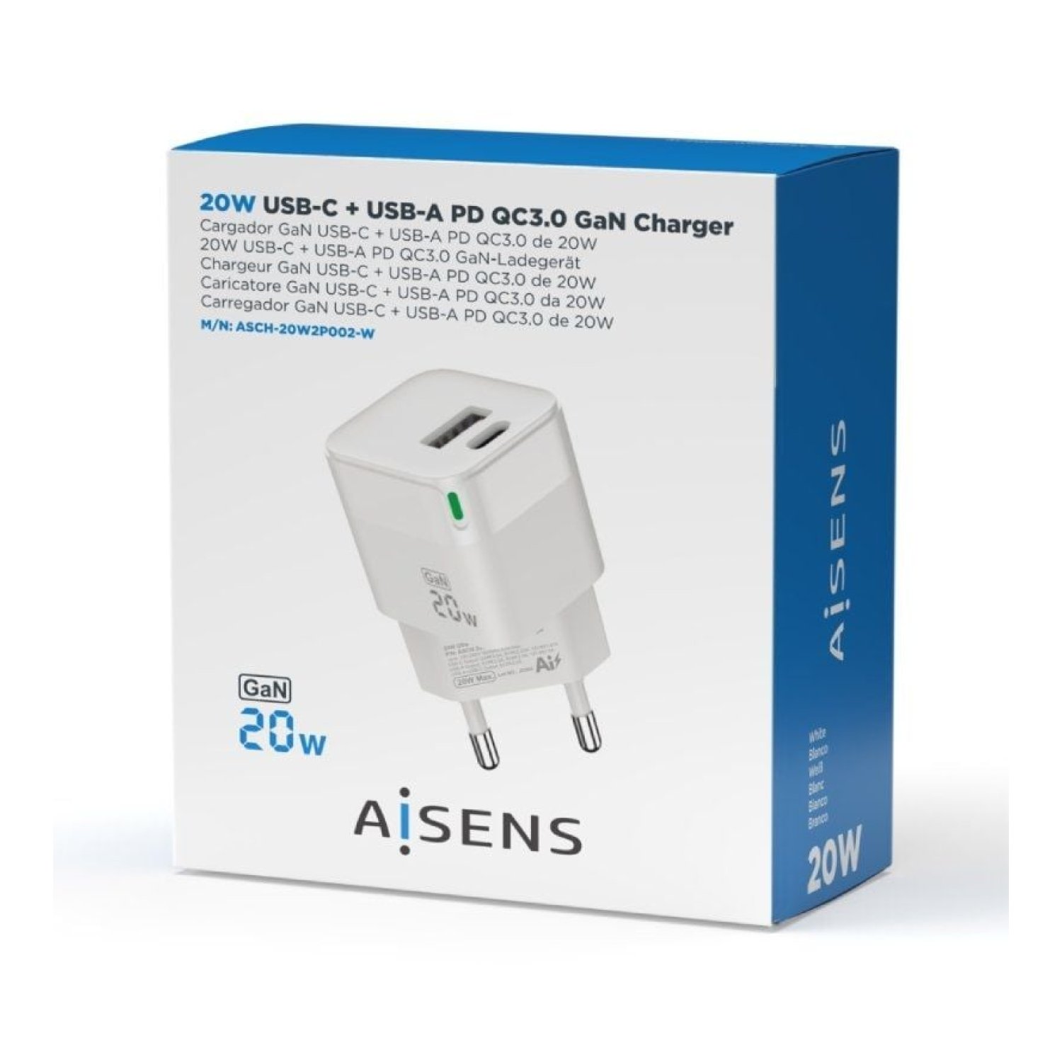 Aisens · Cargador GaN 20W · 1 USB-C + 1 USB · Carga Rápida