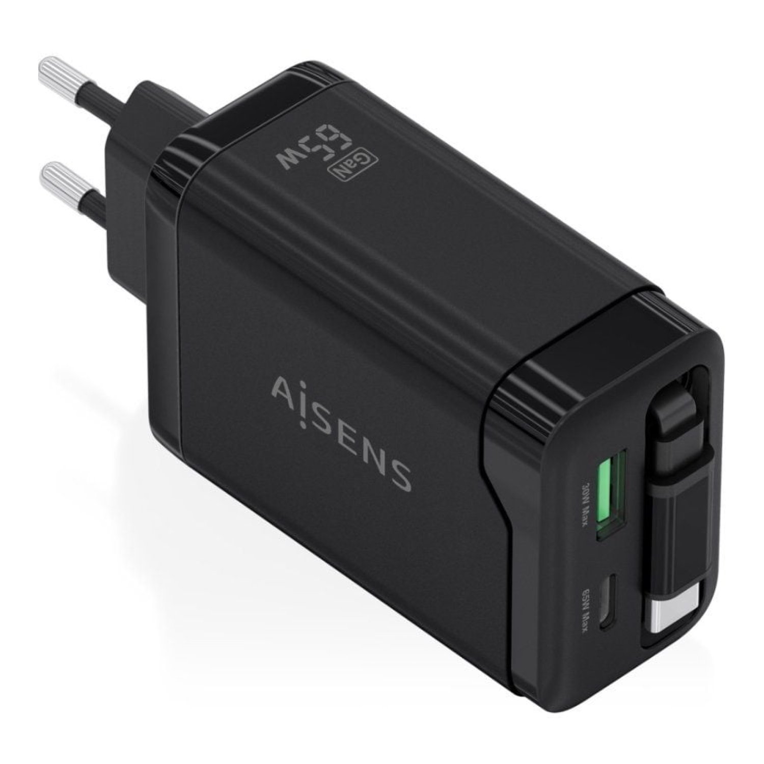 Aisens Cargador GaN 65W · 1 USB-C + 1 USB · Negro