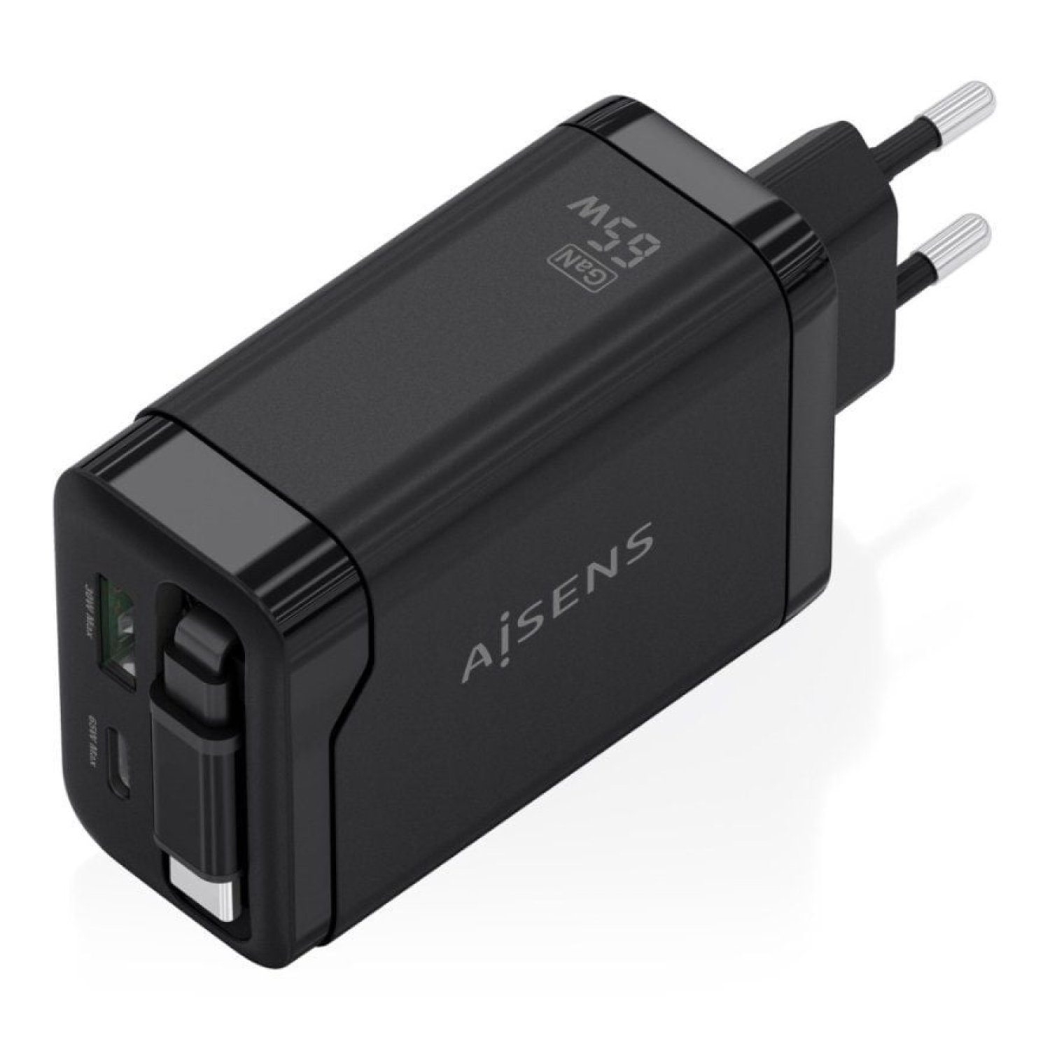Aisens Cargador GaN 65W · 1 USB-C + 1 USB · Negro