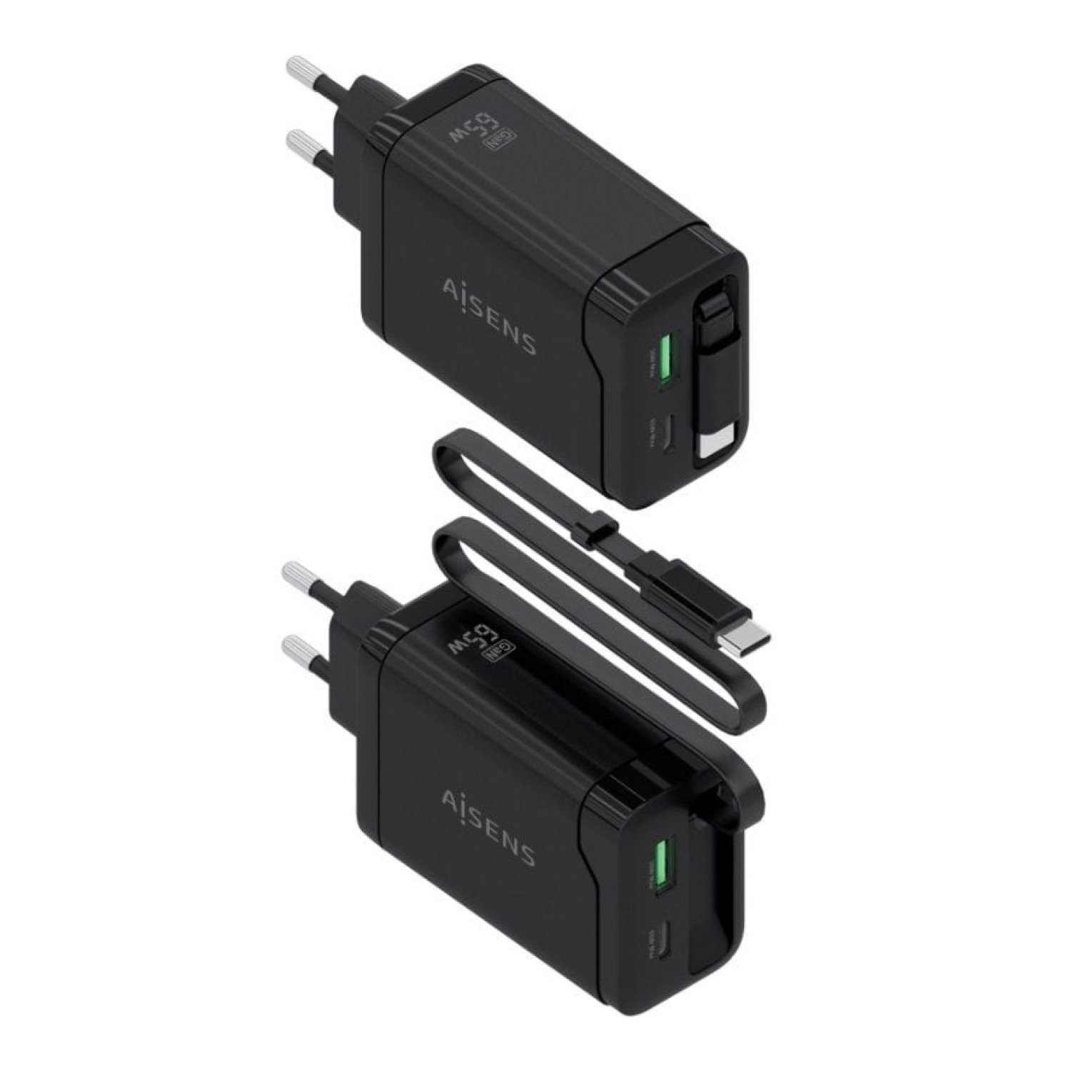 Aisens Cargador GaN 65W · 1 USB-C + 1 USB · Negro