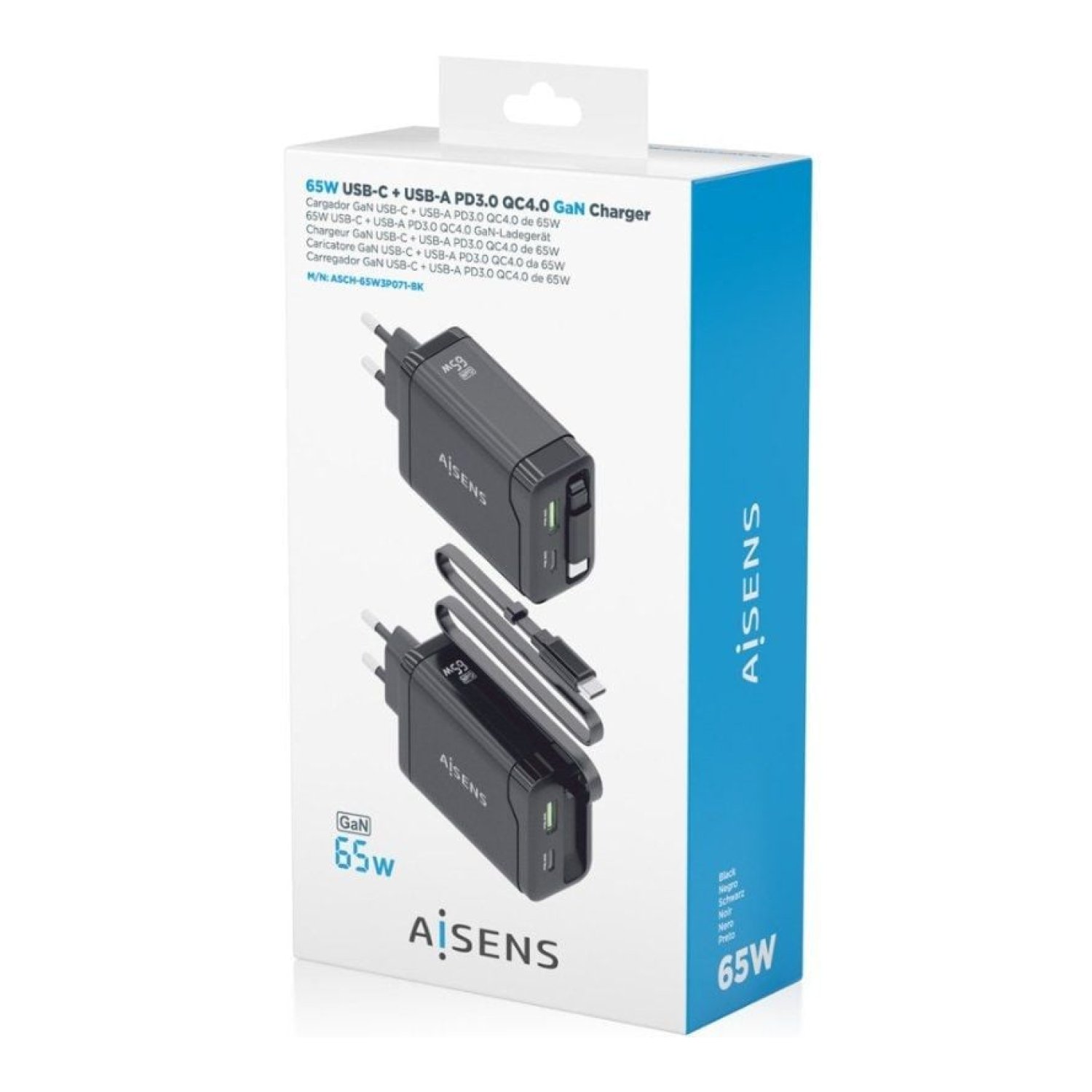 Aisens Cargador GaN 65W · 1 USB-C + 1 USB · Negro