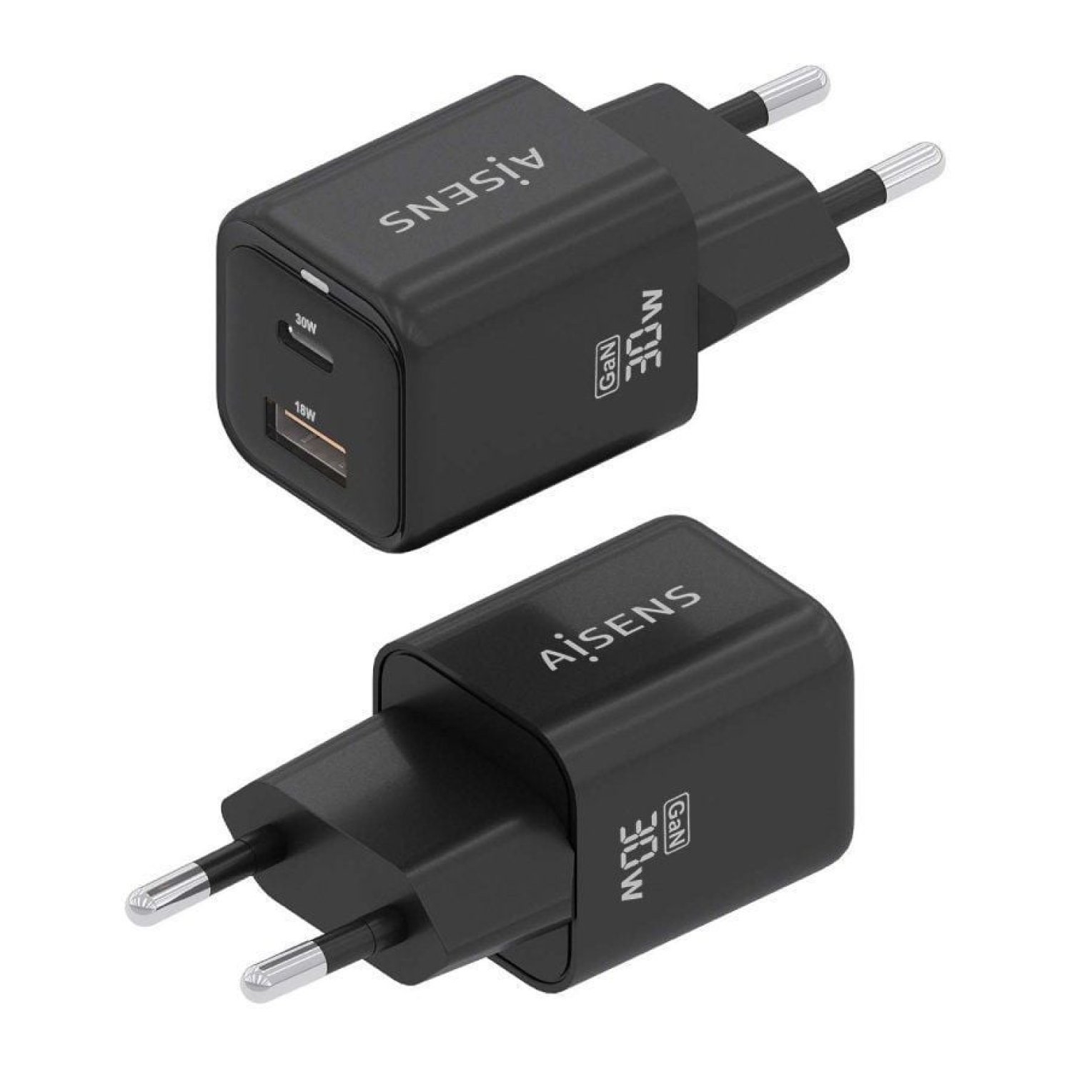 Aisens Cargador de Pared GaN · 30W · 1xUSB Tipo-C · 1xUSB