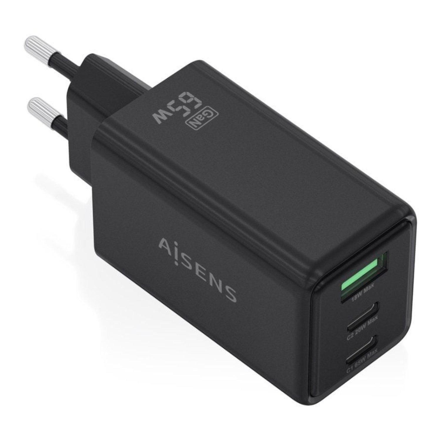 Aisens Cargador de Pared GaN · 65W · 2x USB-C + 1x USB · Negro