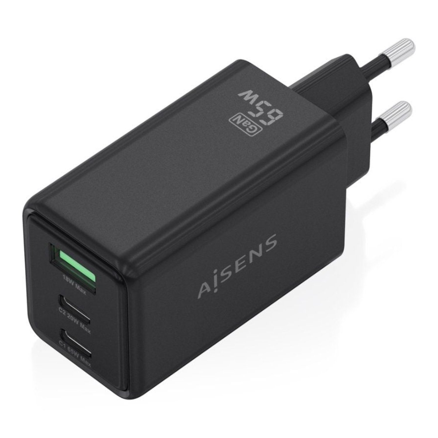 Aisens Cargador de Pared GaN · 65W · 2x USB-C + 1x USB · Negro