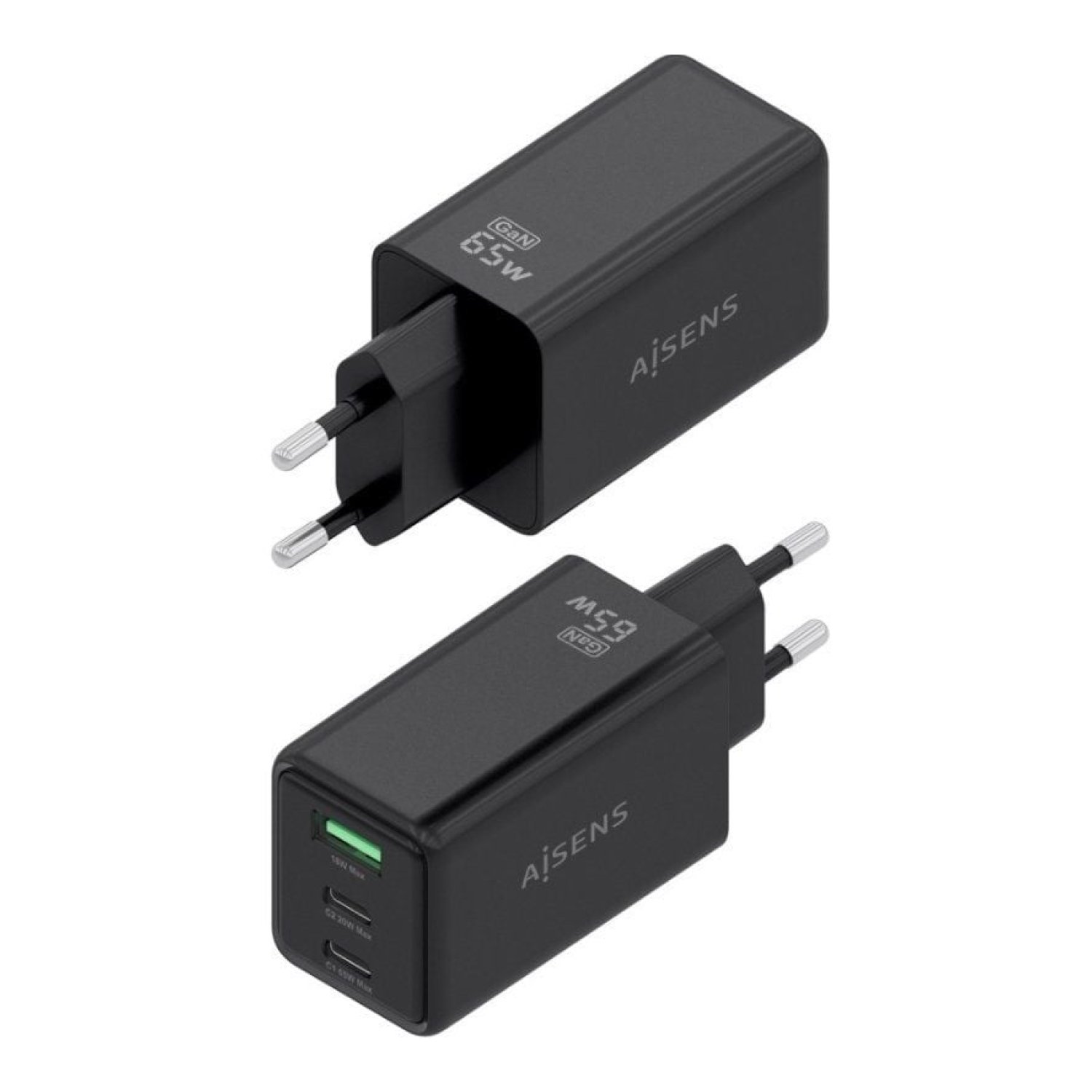 Aisens Cargador de Pared GaN · 65W · 2x USB-C + 1x USB · Negro