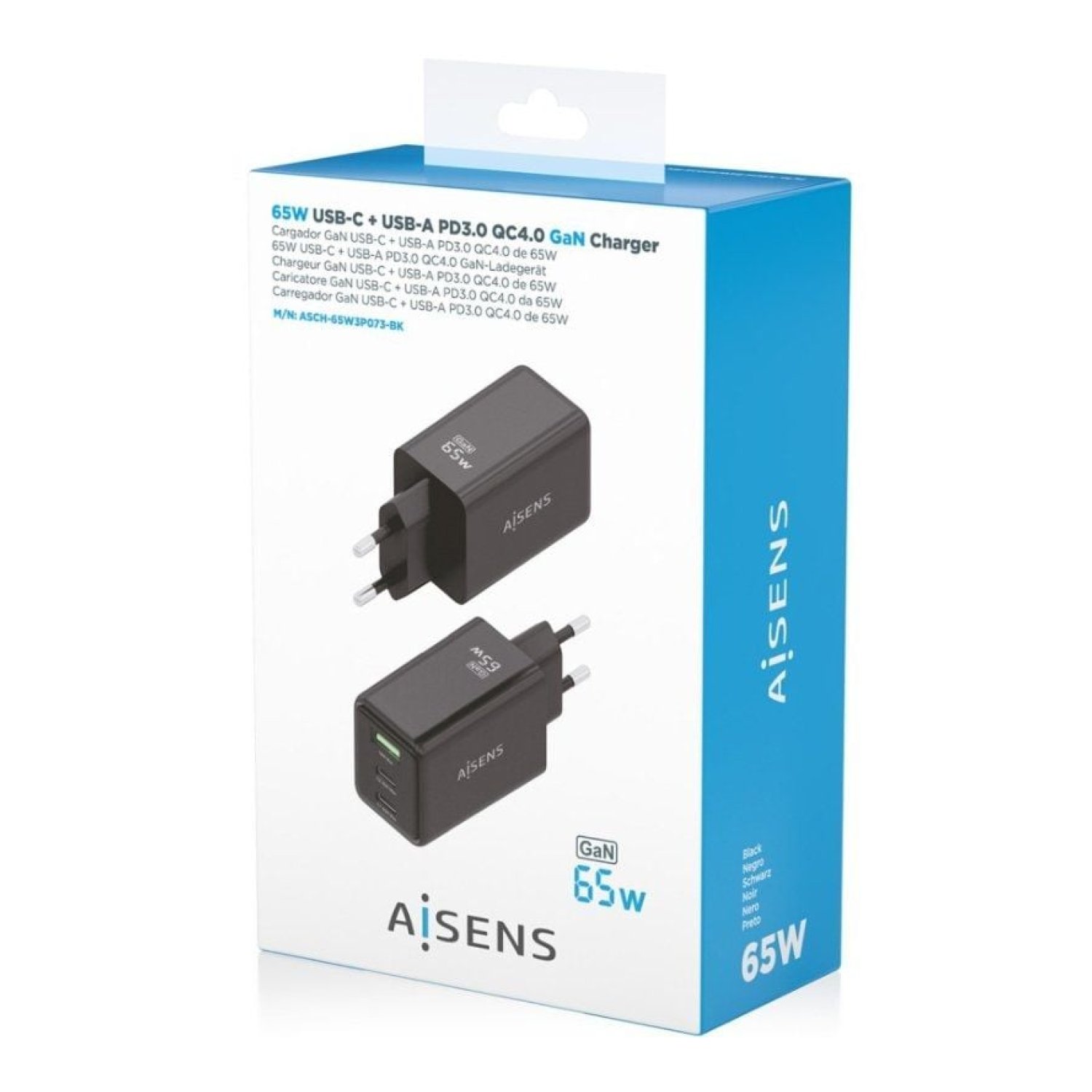 Aisens Cargador de Pared GaN · 65W · 2x USB-C + 1x USB · Negro