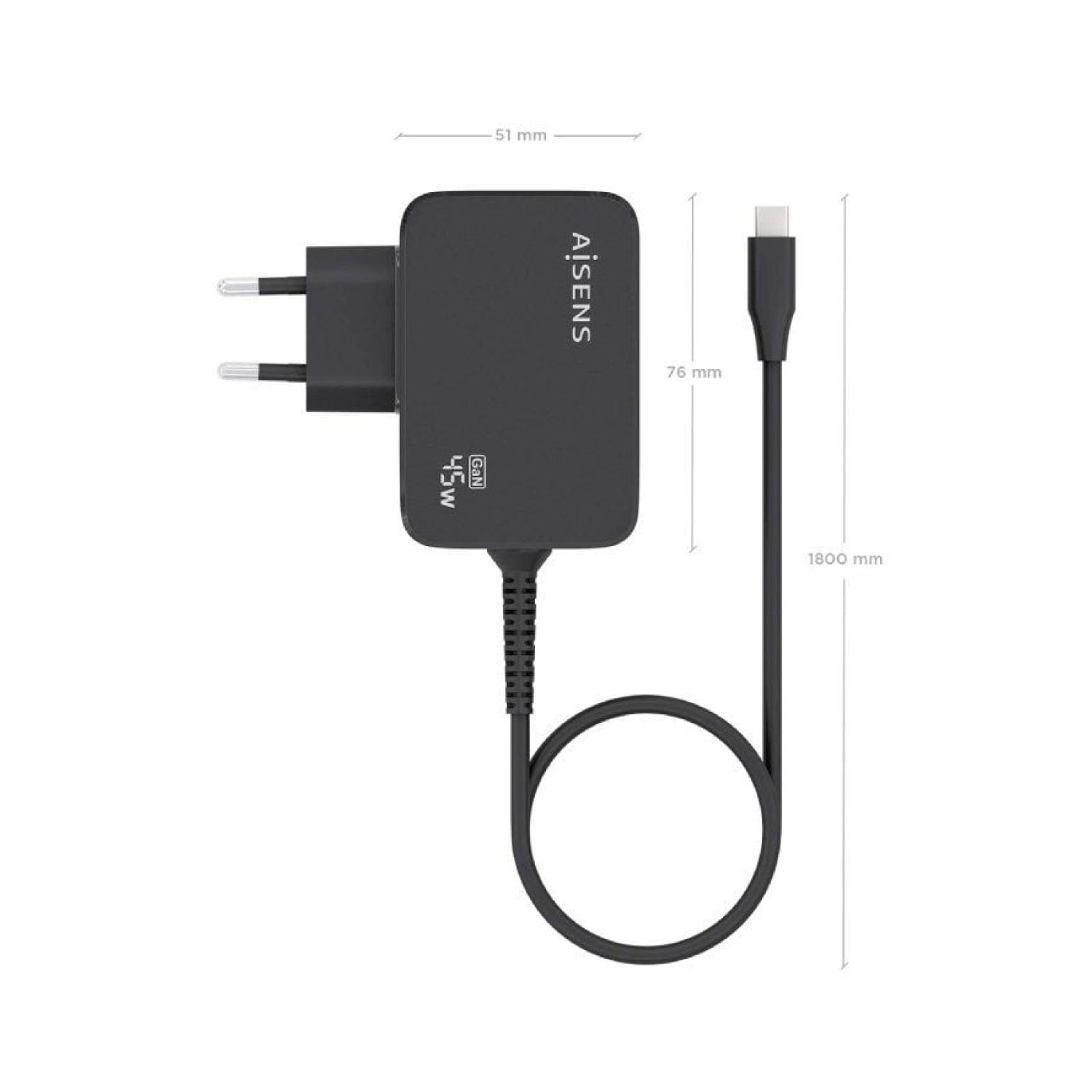 Aisens Cargador GaN 45W · USB-C · Cable 1,8m incluido