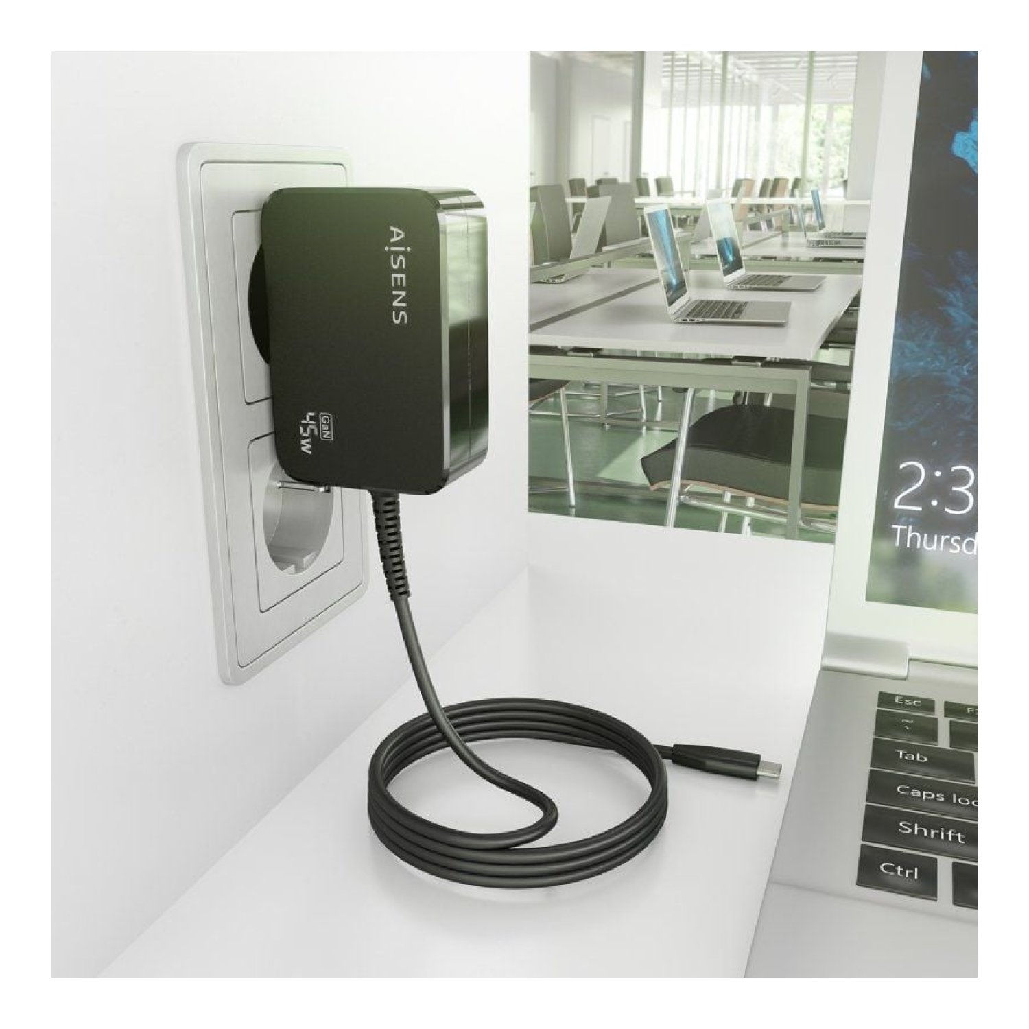 Aisens Cargador GaN 45W · USB-C · Cable 1,8m incluido