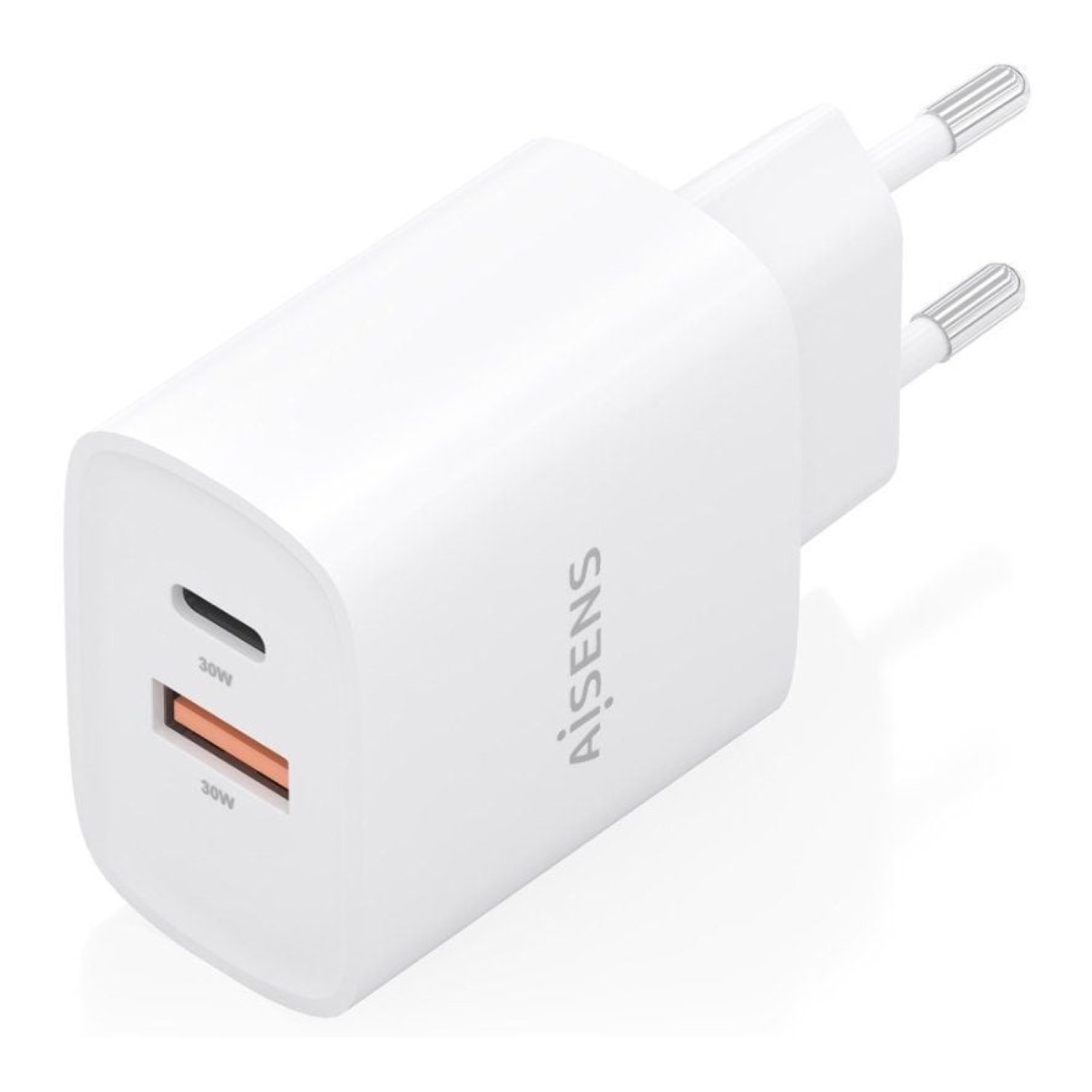 Aisens Cargador GaN · 30W · 1 USB-C + 1 USB · Blanco