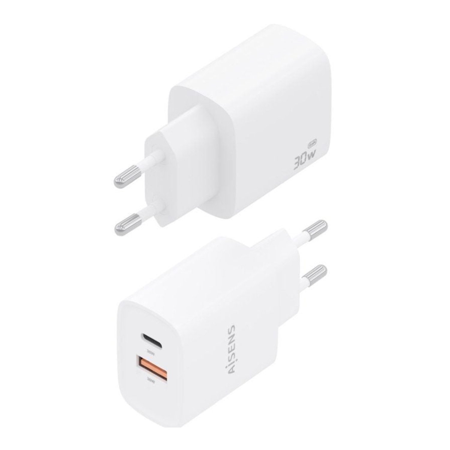 Aisens Cargador GaN · 30W · 1 USB-C + 1 USB · Blanco