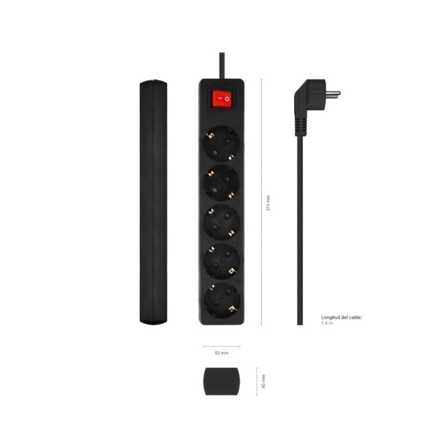 Aisens · Regleta 5 Tomas · Cable 1,4m · Interruptor · Negro