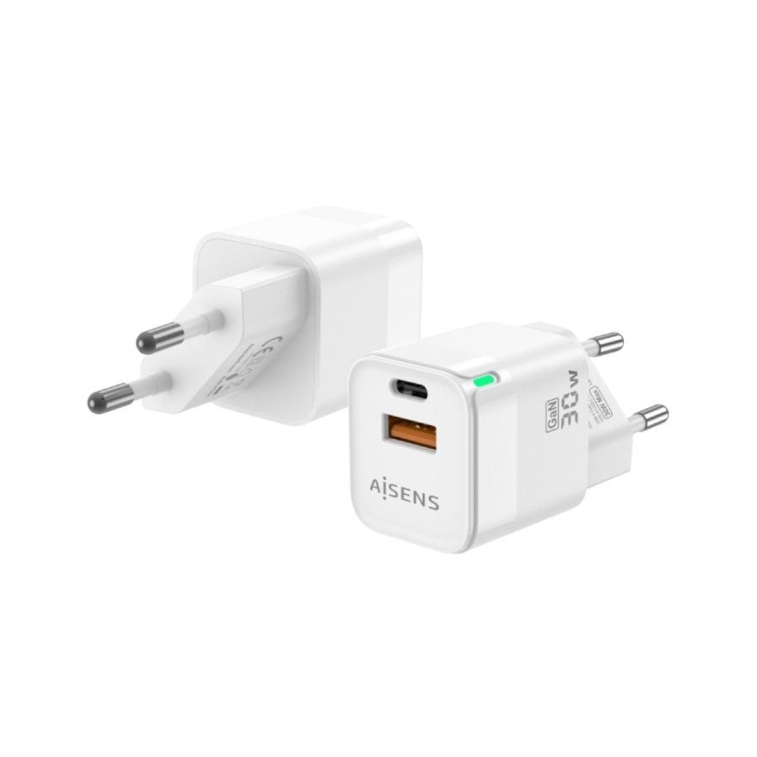 Aisens Cargador GaN de Pared · 30W · 1 USB-C · 1 USB-A · Carga Rápida