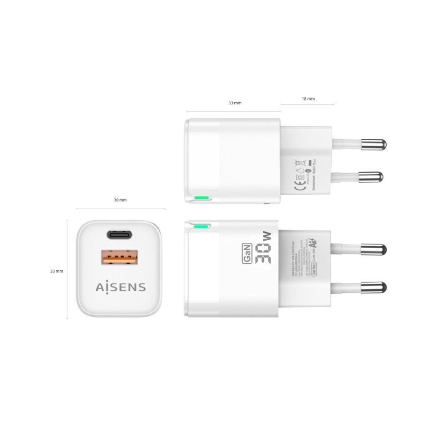 Aisens Cargador GaN de Pared · 30W · 1 USB-C · 1 USB-A · Carga Rápida