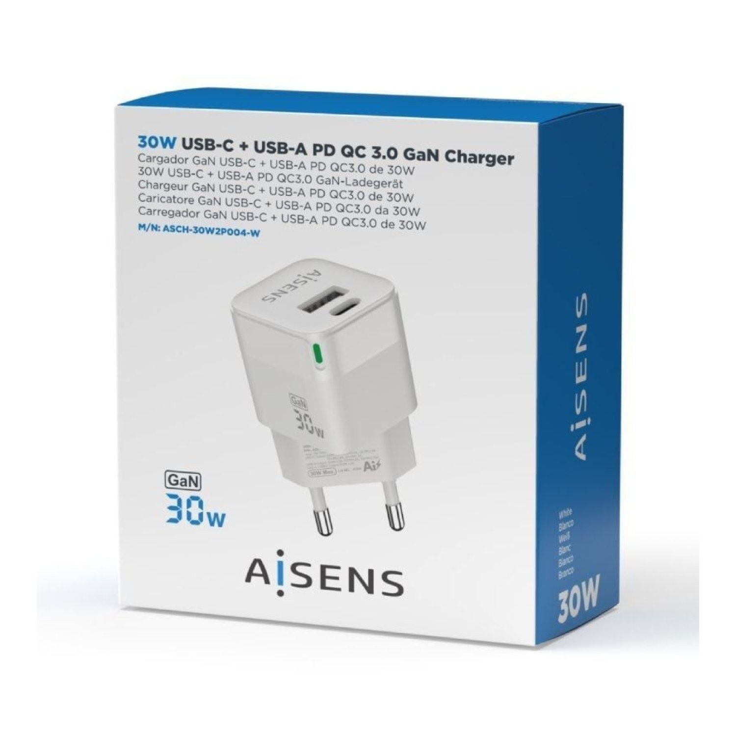 Aisens Cargador GaN de Pared · 30W · 1 USB-C · 1 USB-A · Carga Rápida