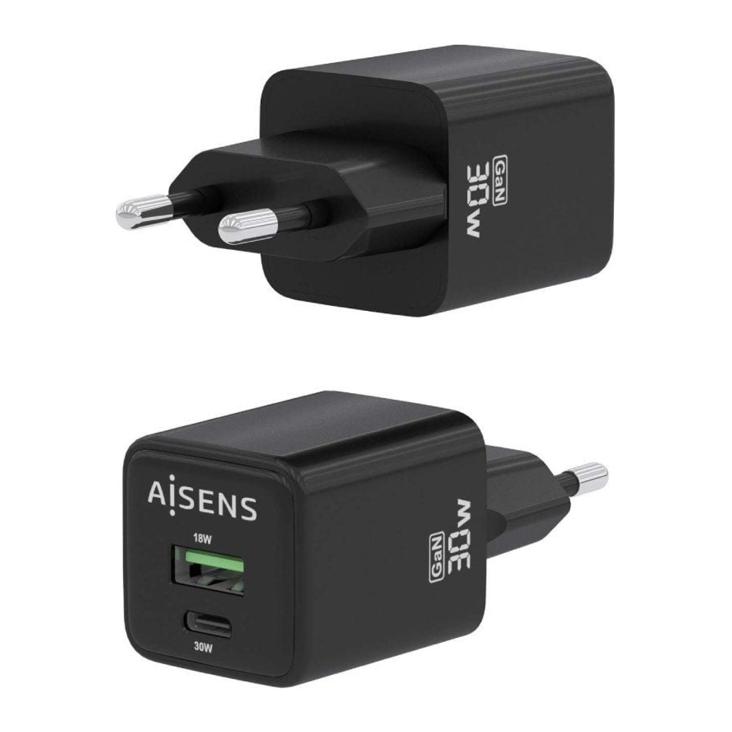 Aisens · Cargador de Pared GaN · 30W · 1 USB-C + 1 USB