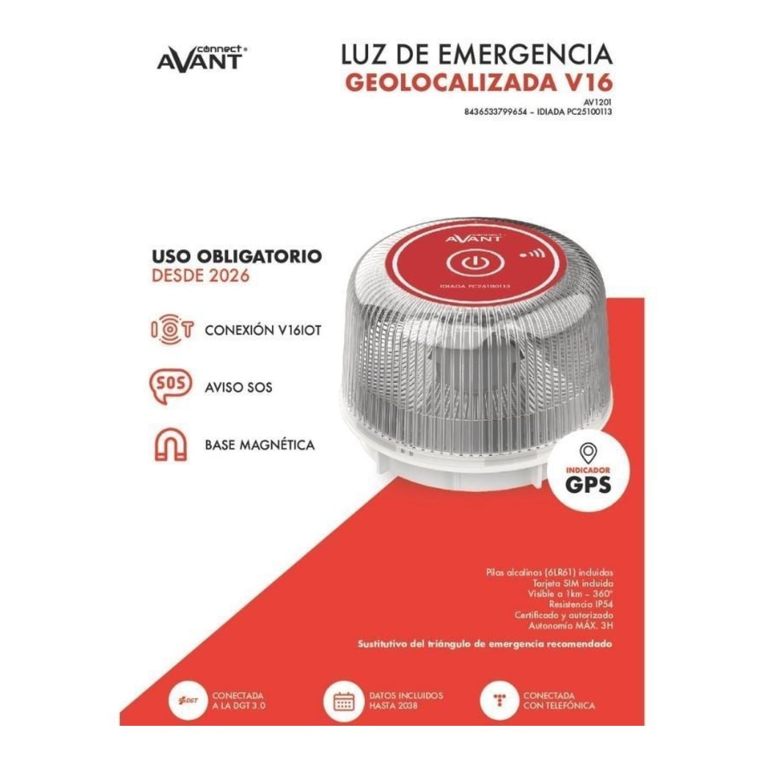 Avant Luz Baliza Emergencia V16 Connected · Homologada · Base Imantada · Geolocalizable