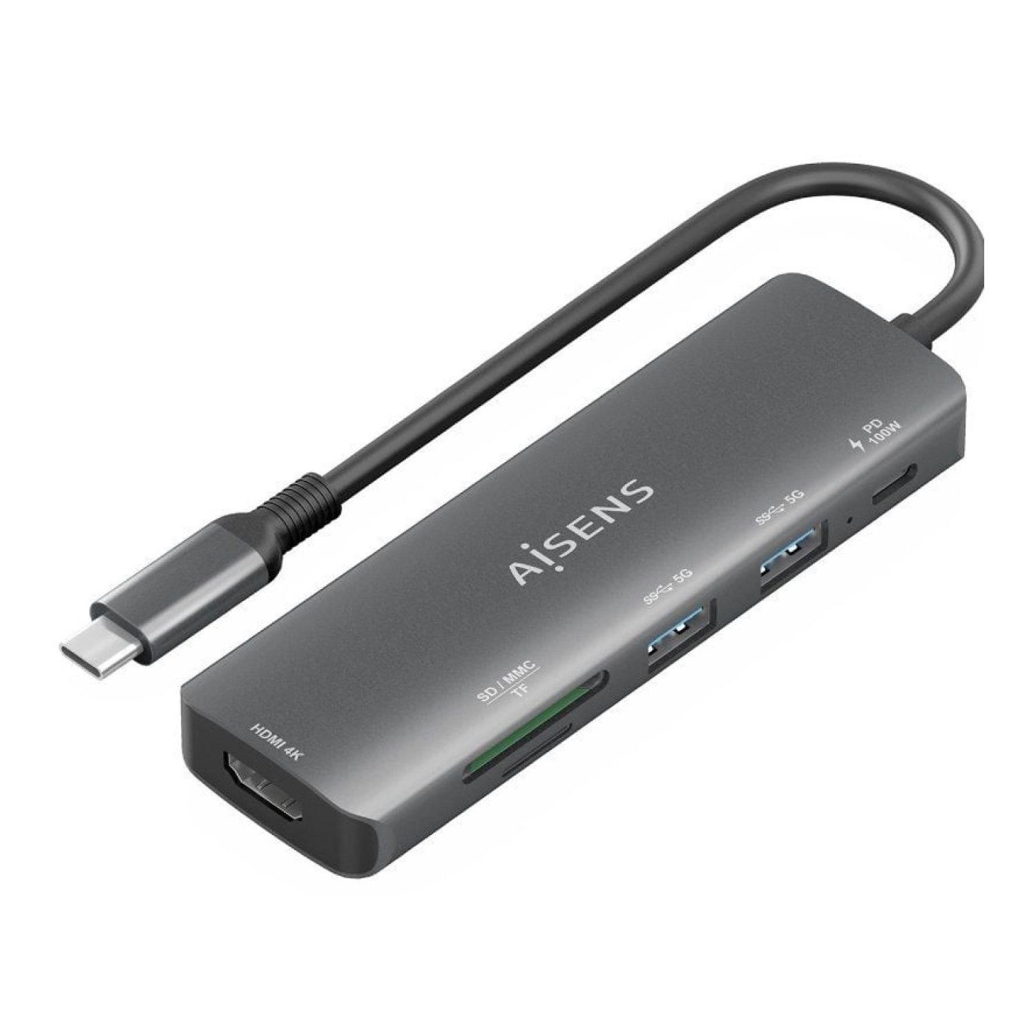 Aisens Docking USB-C · 1xHDMI 4K · 2xUSB · 1xUSB-C PD · Lector Tarjetas · Gris