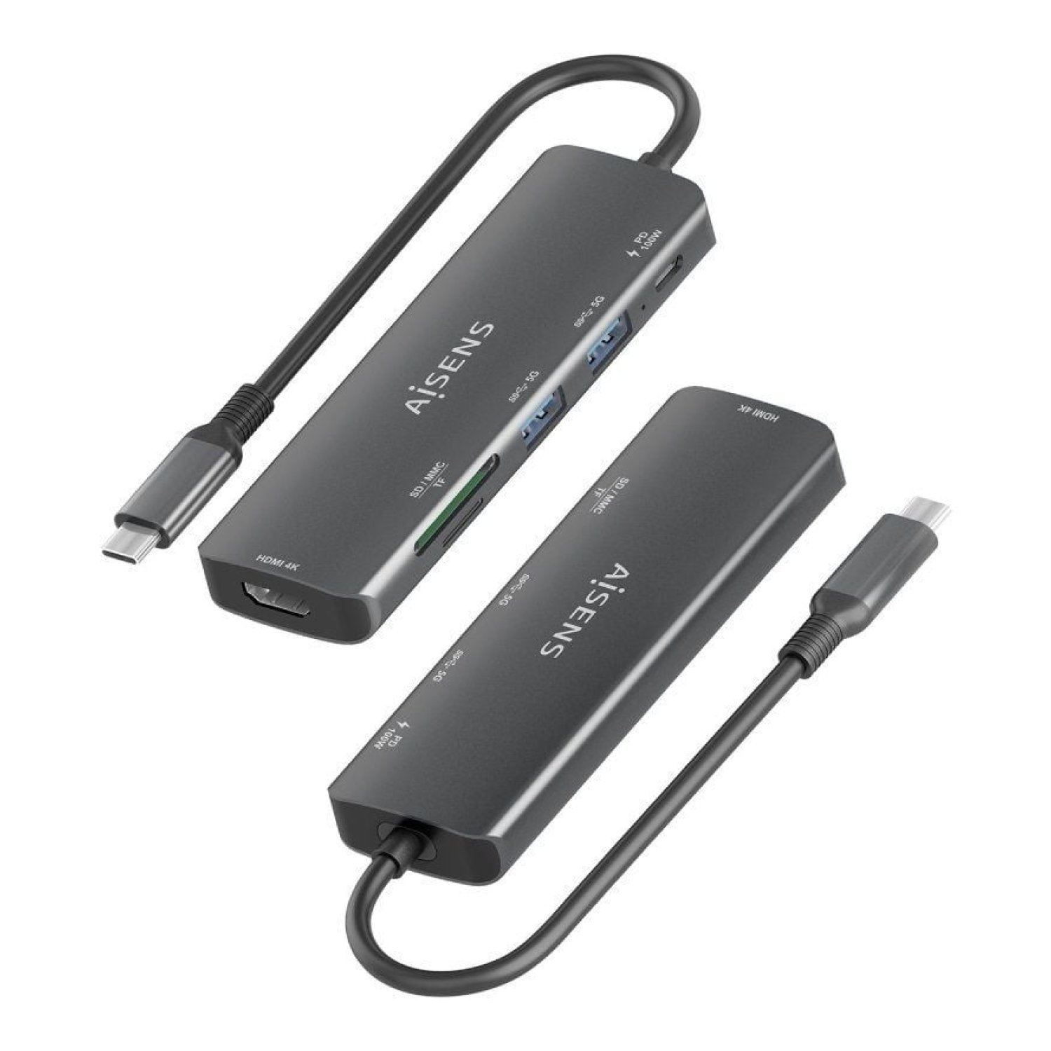 Aisens Docking USB-C · 1xHDMI 4K · 2xUSB · 1xUSB-C PD · Lector Tarjetas · Gris